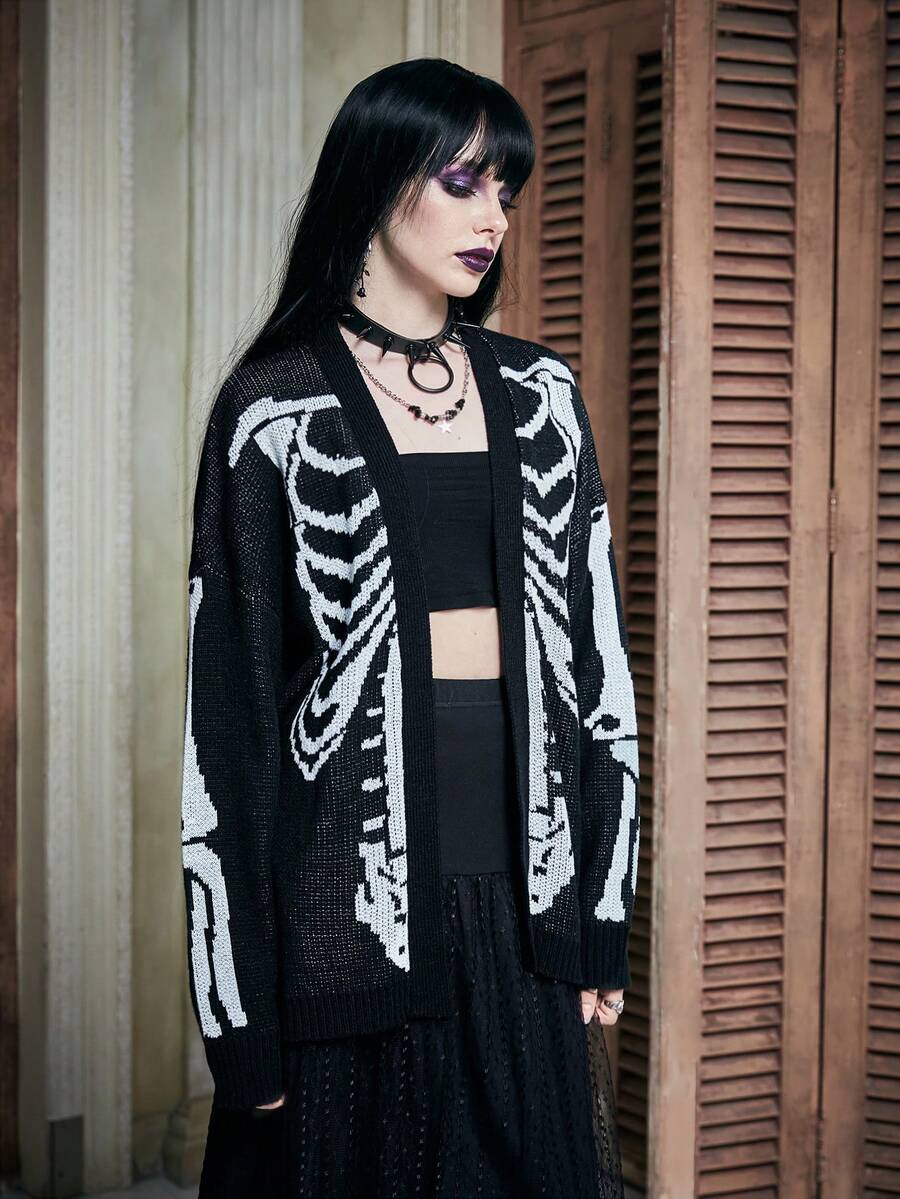Women's oversized skeleton pattern cardigan with long drop shoulder sleeves and rib-knit trim
