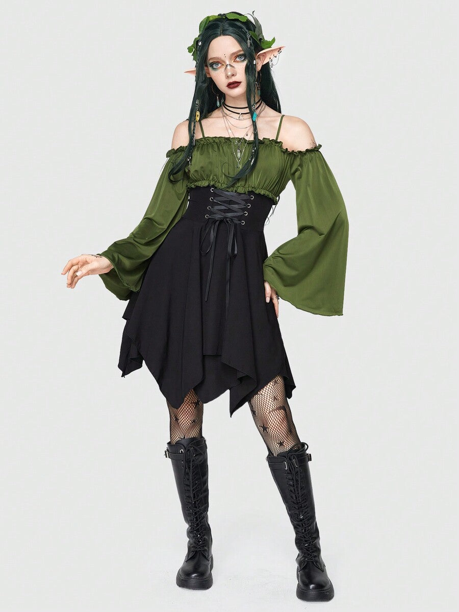 Women's fairycore renaissance cold shoulder short dress featuring spaghetti straps, lace-up backless detail, frill trim, and an asymmetrical hem.