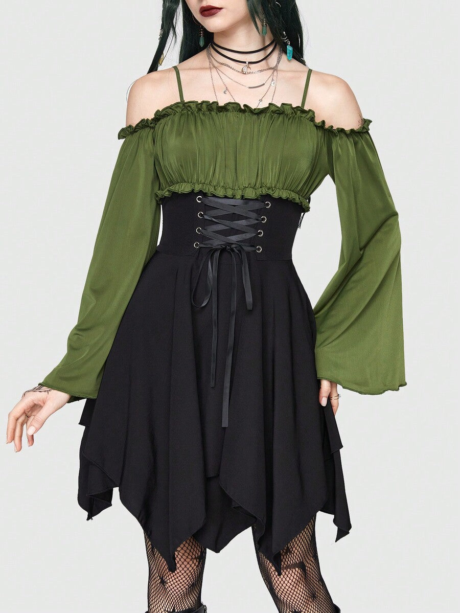 Women's fairycore renaissance cold shoulder short dress featuring spaghetti straps, lace-up backless detail, frill trim, and an asymmetrical hem.