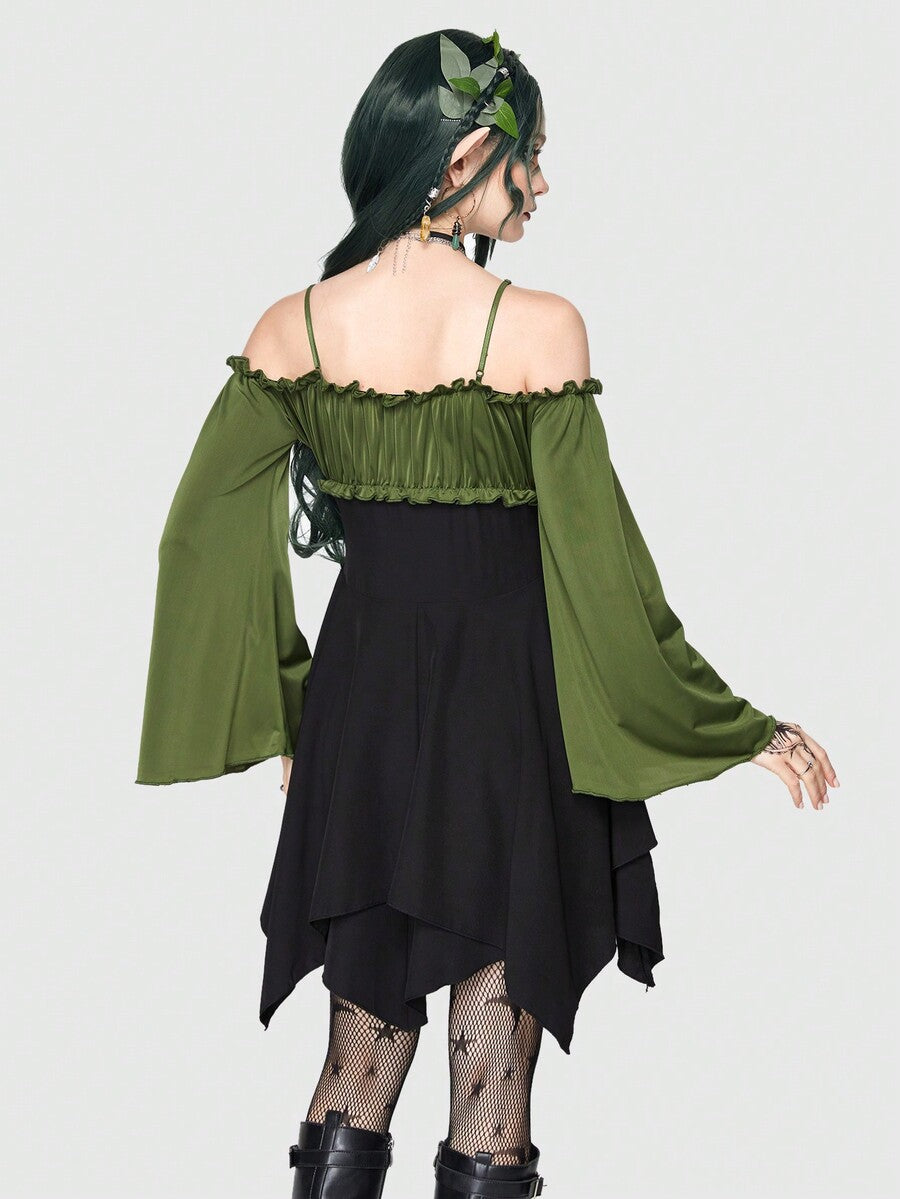 Women's fairycore renaissance cold shoulder short dress featuring spaghetti straps, lace-up backless detail, frill trim, and an asymmetrical hem.
