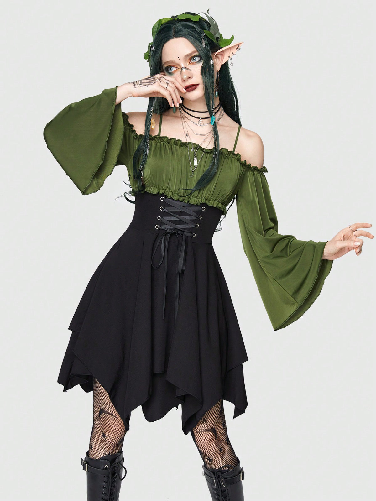 Women's fairycore renaissance cold shoulder short dress featuring spaghetti straps, lace-up backless detail, frill trim, and an asymmetrical hem.