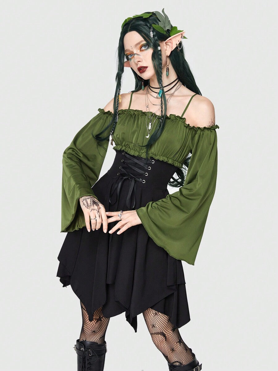 Women's fairycore renaissance cold shoulder short dress featuring spaghetti straps, lace-up backless detail, frill trim, and an asymmetrical hem.