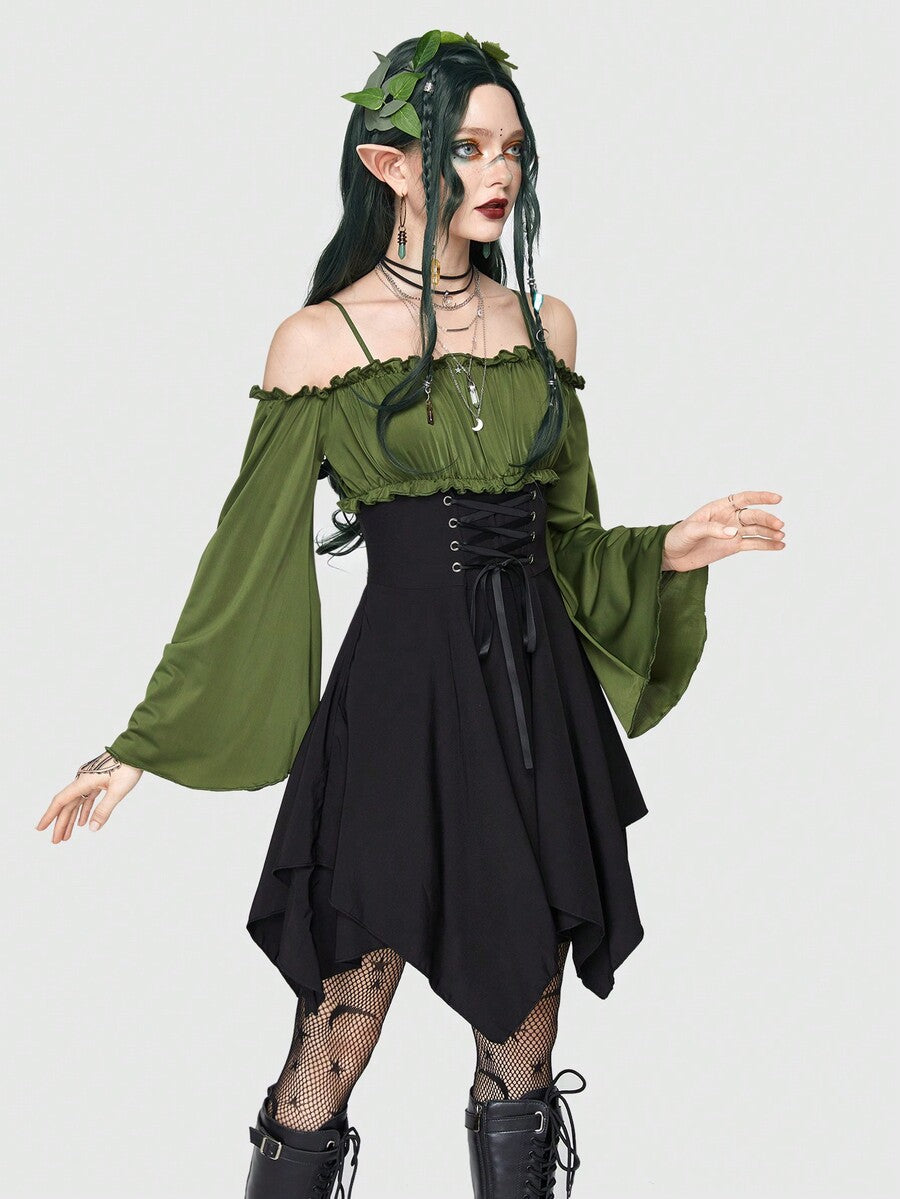 Women's fairycore renaissance cold shoulder short dress featuring spaghetti straps, lace-up backless detail, frill trim, and an asymmetrical hem.
