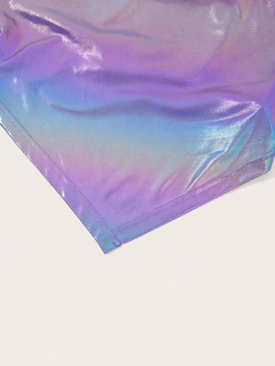 Holographic metallic two-piece set with a spaghetti strap hanky hem crop cami top and drawstring side skirt, featuring ruched details and rhinestone accents.