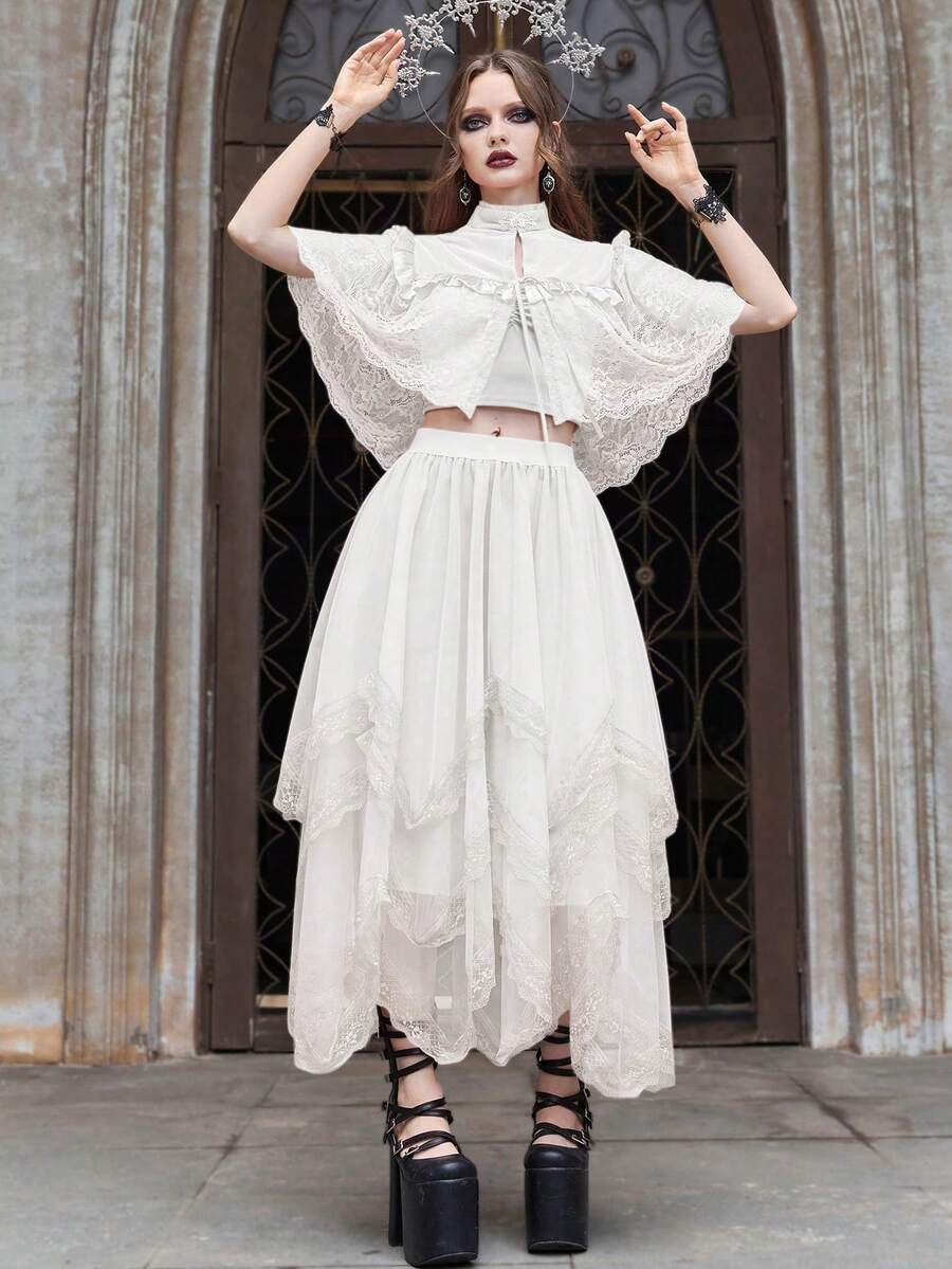 Women's asymmetrical high-waist mesh long skirt featuring contrast lace trim and a tiered A-line silhouette.
