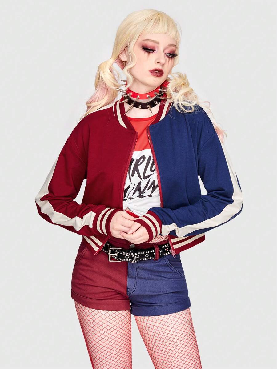 Women's colorblock hooded bomber jacket with striped trim, drop shoulder long sleeves, and a front zipper closure.