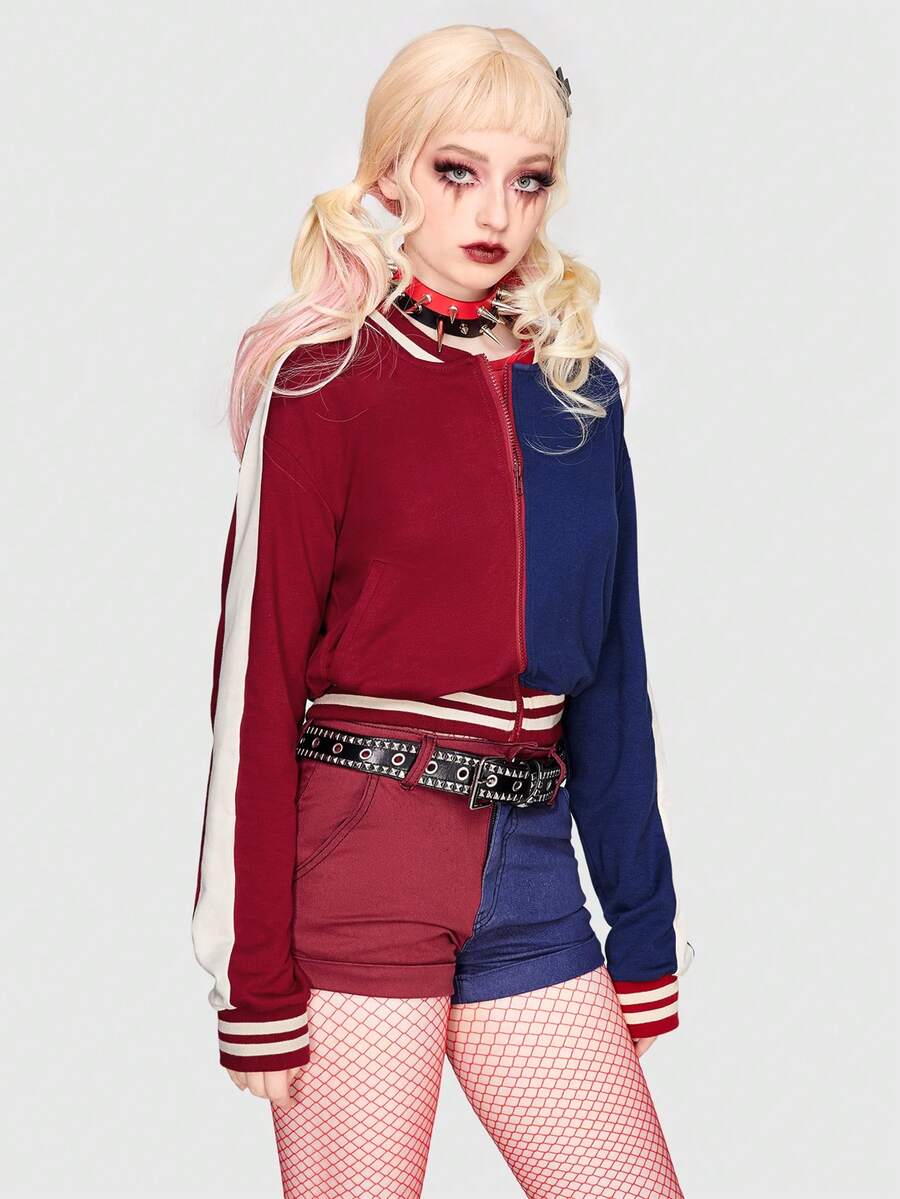 Women's colorblock hooded bomber jacket with striped trim, drop shoulder long sleeves, and a front zipper closure.