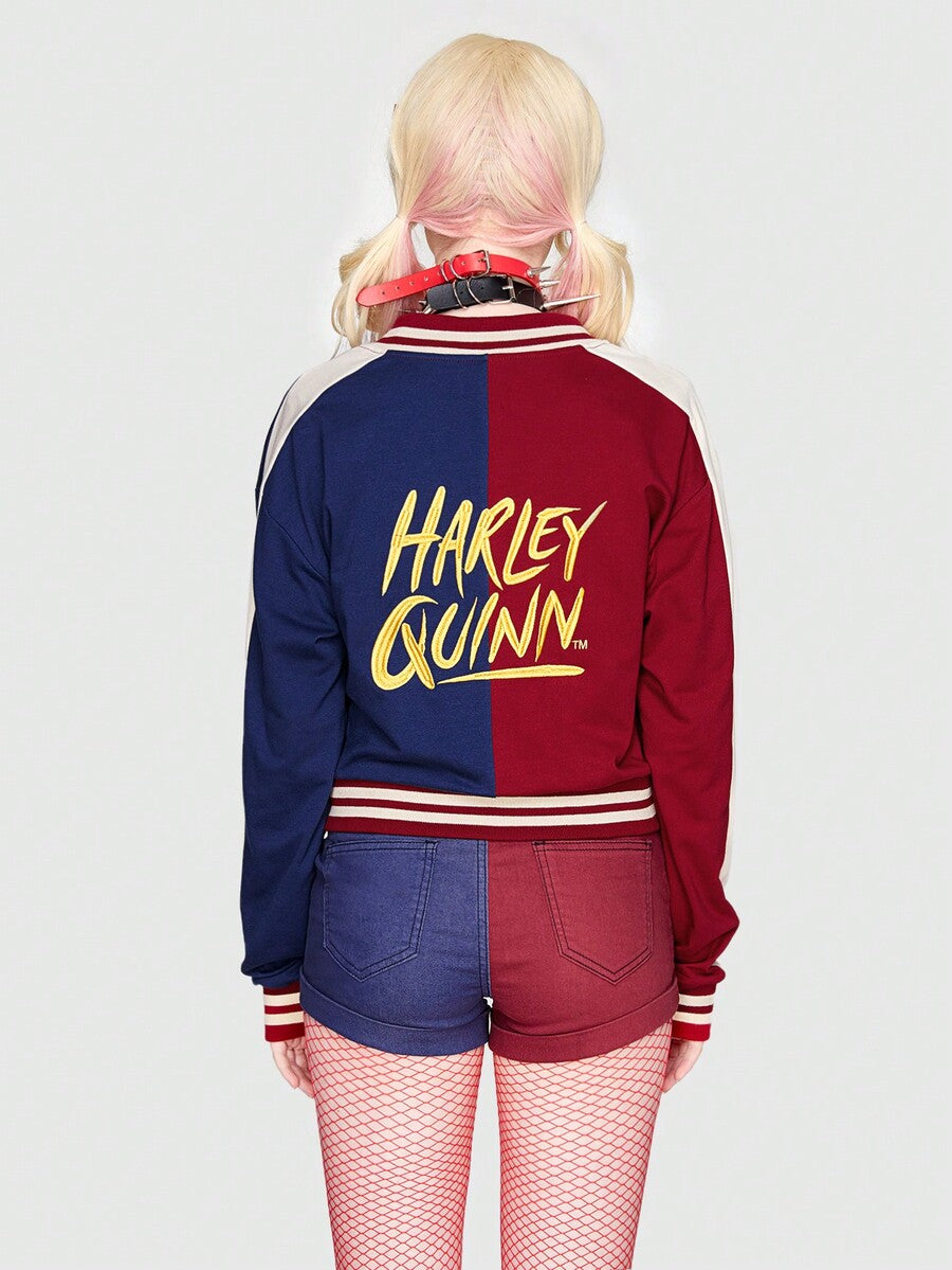 Women's colorblock hooded bomber jacket with striped trim, drop shoulder long sleeves, and a front zipper closure.