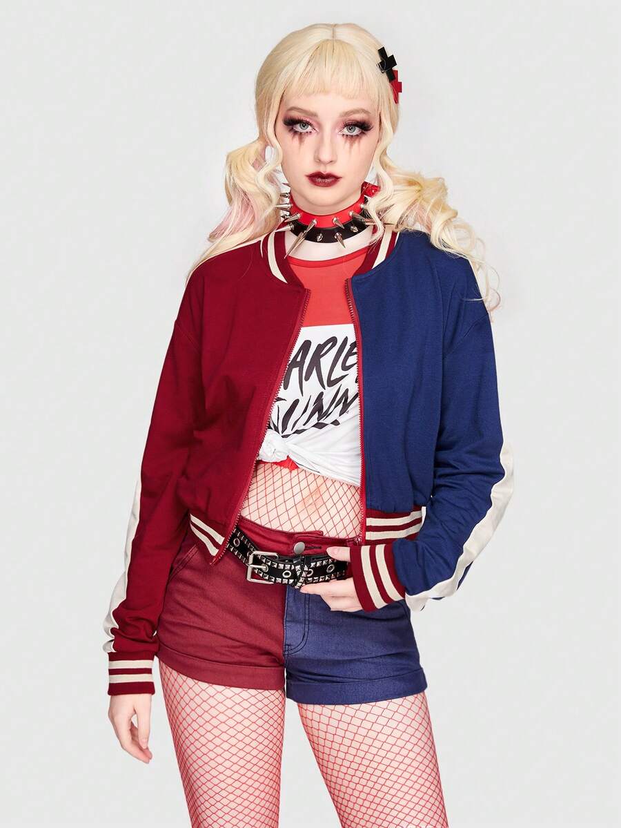 Women's colorblock hooded bomber jacket with striped trim, drop shoulder long sleeves, and a front zipper closure.