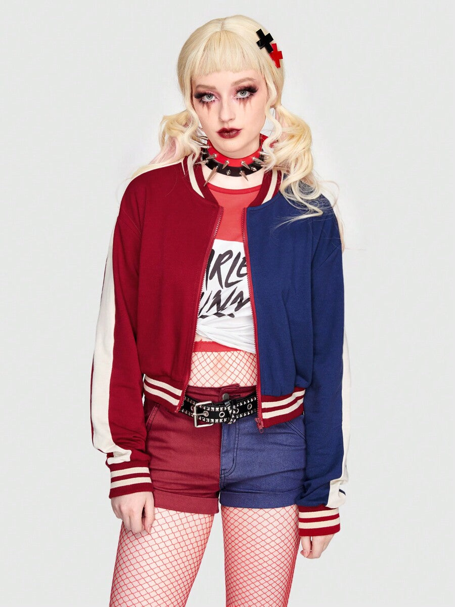 Women's colorblock hooded bomber jacket with striped trim, drop shoulder long sleeves, and a front zipper closure.