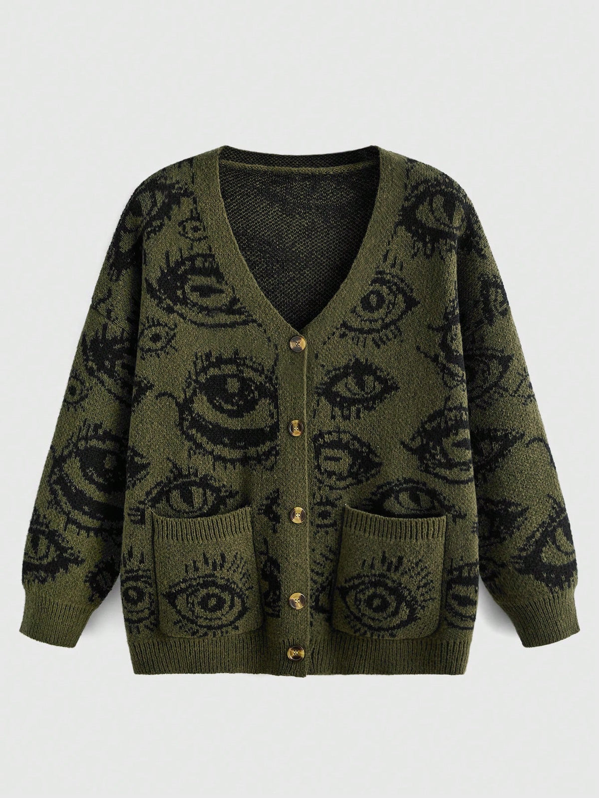 Army green oversized knit cardigan featuring front button closure, pockets, and a graphic eye pattern with drop shoulder long sleeves.