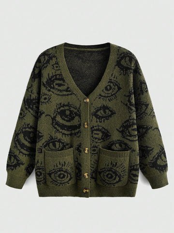 Army green oversized knit cardigan featuring front button closure, pockets, and a graphic eye pattern with drop shoulder long sleeves.