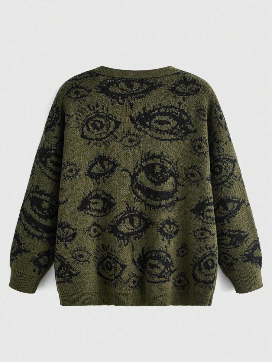 Army green oversized knit cardigan featuring front button closure, pockets, and a graphic eye pattern with drop shoulder long sleeves.
