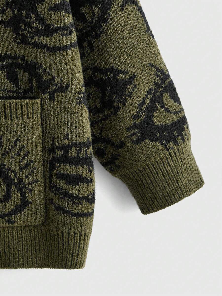 Army green oversized knit cardigan featuring front button closure, pockets, and a graphic eye pattern with drop shoulder long sleeves.
