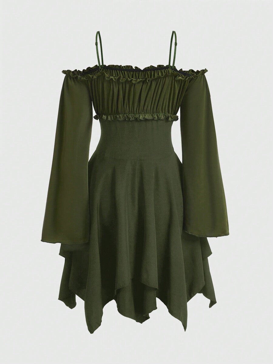 Women's fairycore renaissance cold shoulder short dress featuring spaghetti straps, lace-up backless detail, frill trim, and an asymmetrical hem.