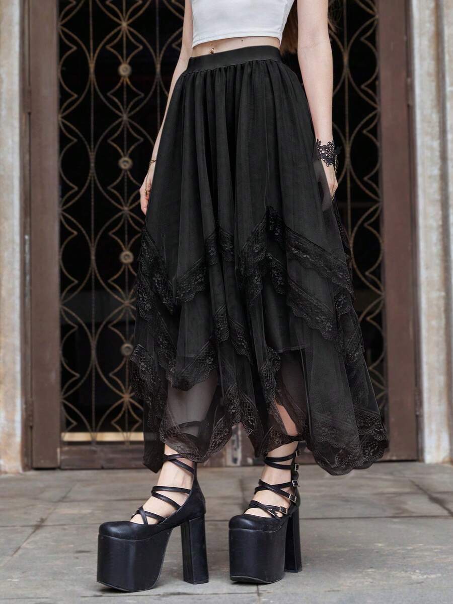 Women's asymmetrical high-waist mesh long skirt featuring contrast lace trim and a tiered A-line silhouette.