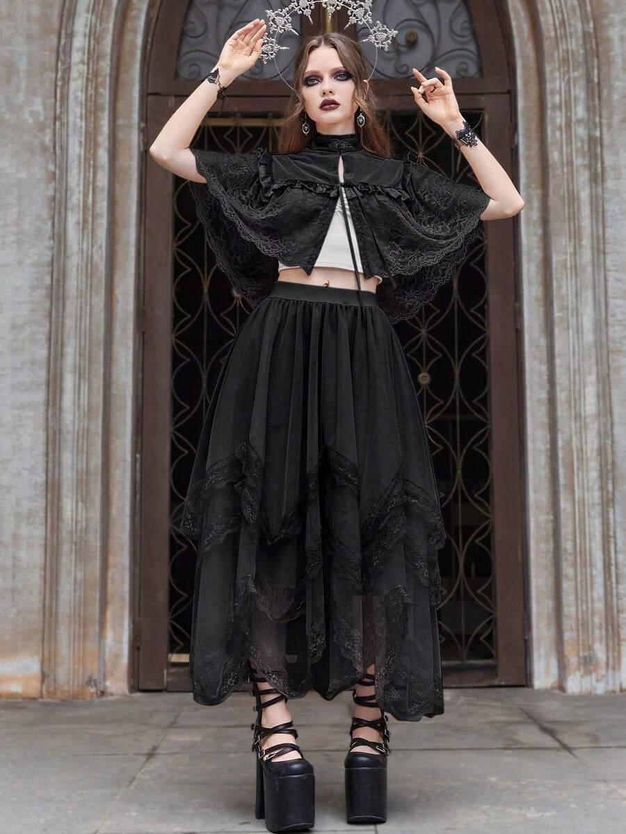 Women's asymmetrical high-waist mesh long skirt featuring contrast lace trim and a tiered A-line silhouette.