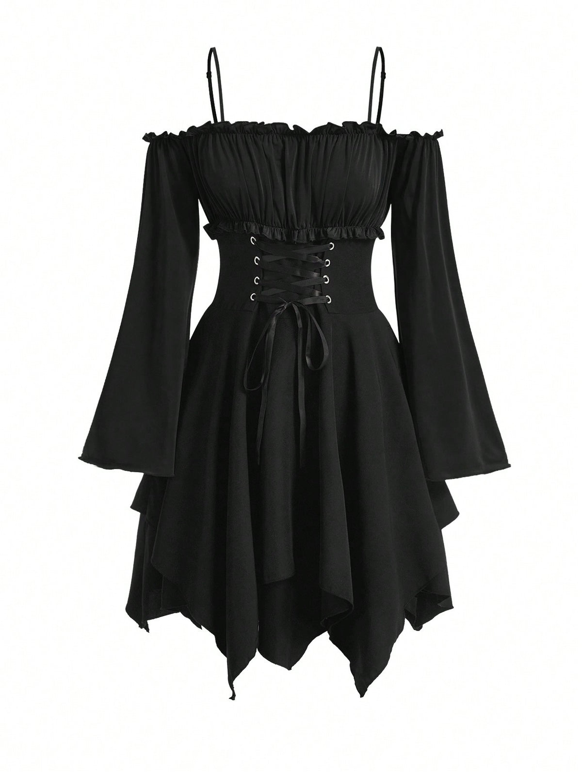 Women's fairycore renaissance cold shoulder short dress featuring spaghetti straps, lace-up backless detail, frill trim, and an asymmetrical hem.