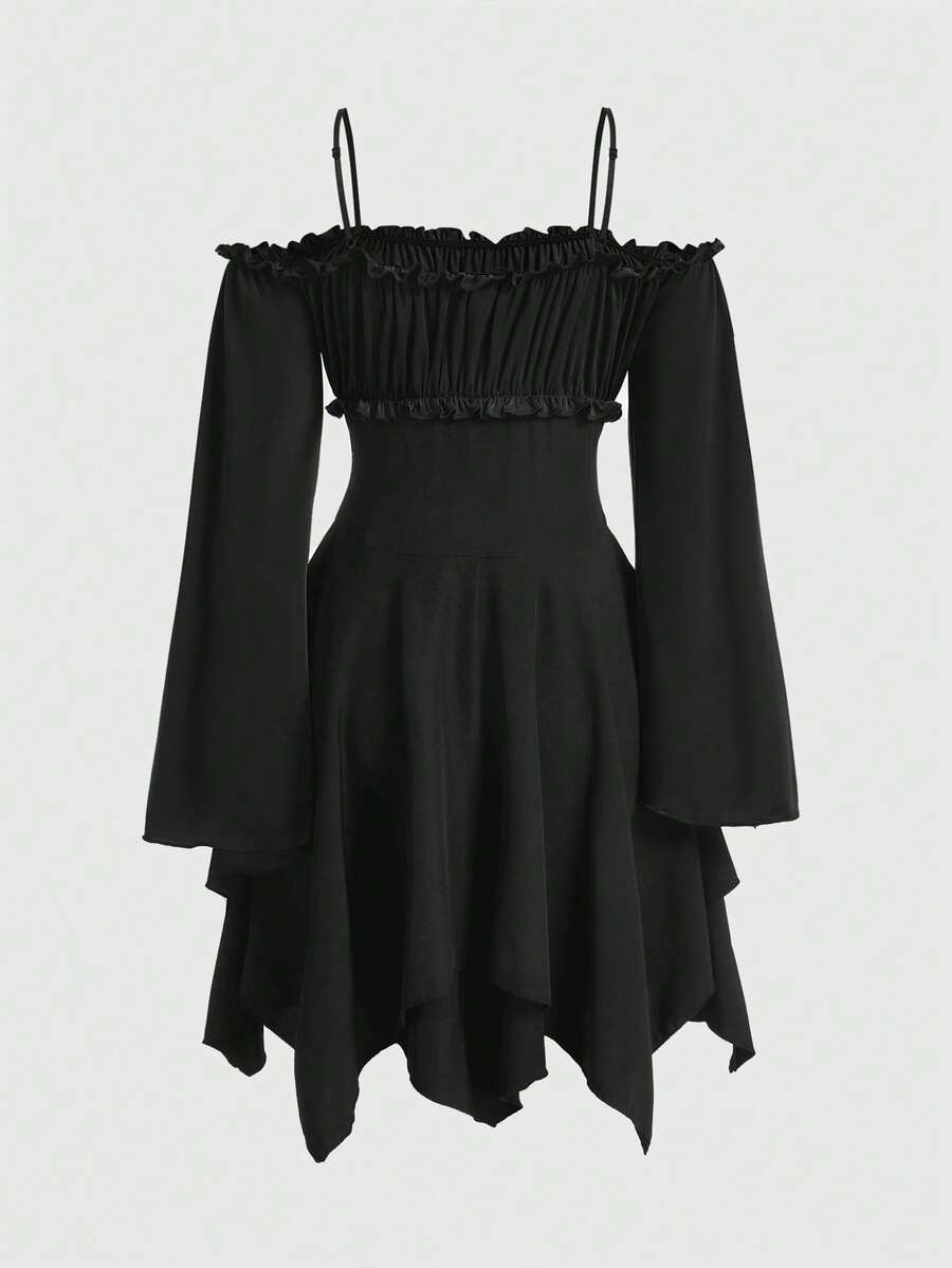 Women's fairycore renaissance cold shoulder short dress featuring spaghetti straps, lace-up backless detail, frill trim, and an asymmetrical hem.