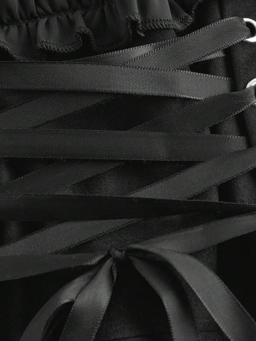 Women's fairycore renaissance cold shoulder short dress featuring spaghetti straps, lace-up backless detail, frill trim, and an asymmetrical hem.