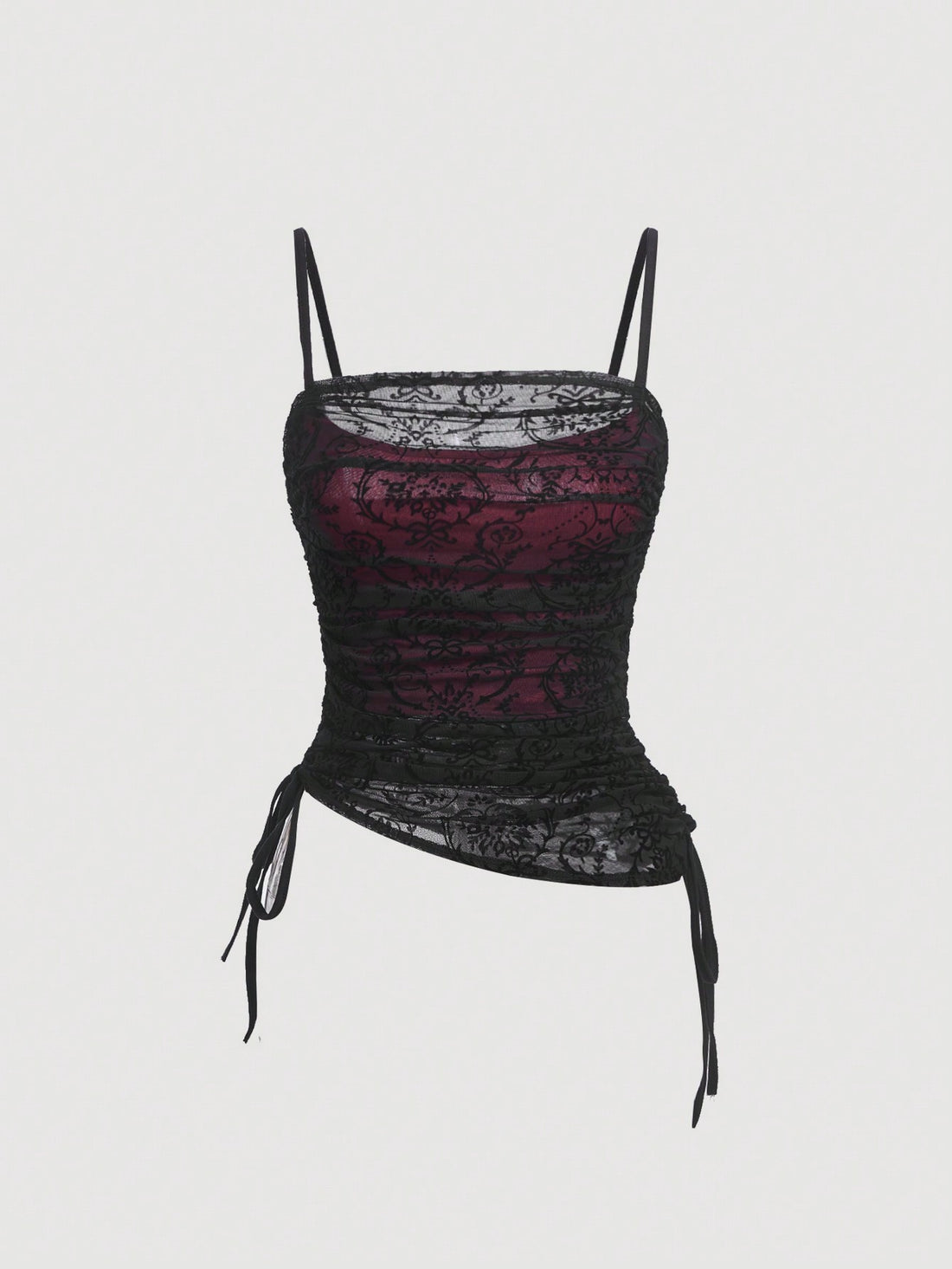 Women's MOD cami top with spaghetti straps, contrast lace trim, ruched details, and side drawstring accents in a slim fit