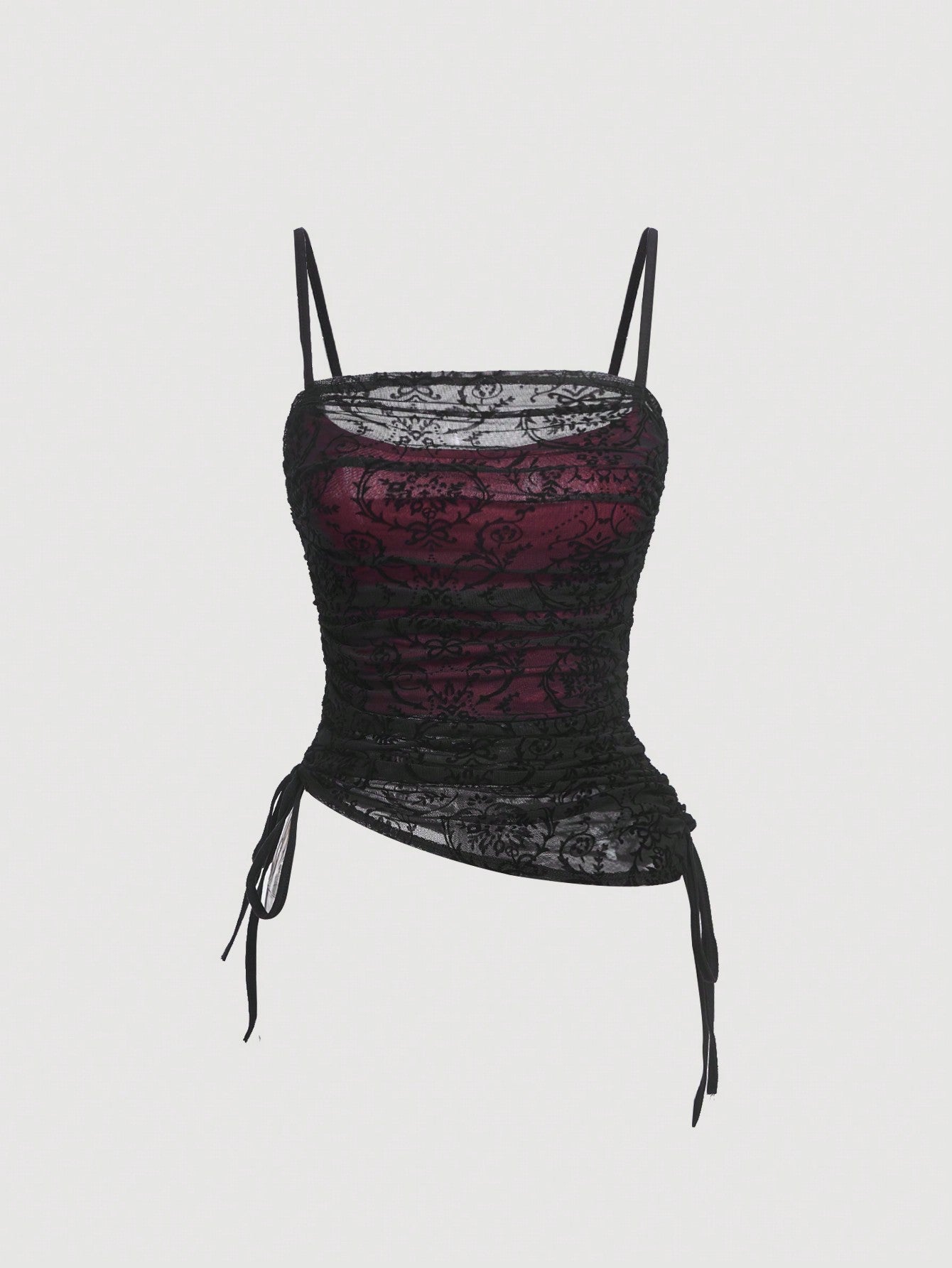 Women's MOD cami top with spaghetti straps, contrast lace trim, ruched details, and side drawstring accents in a slim fit