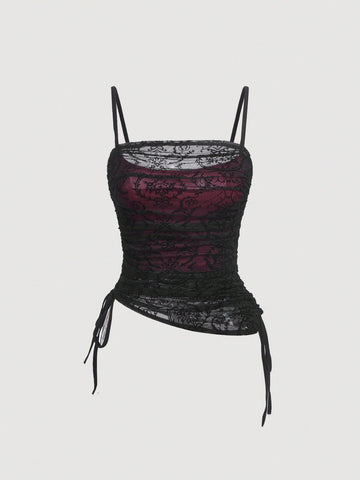 Women's MOD cami top with spaghetti straps, contrast lace trim, ruched details, and side drawstring accents in a slim fit