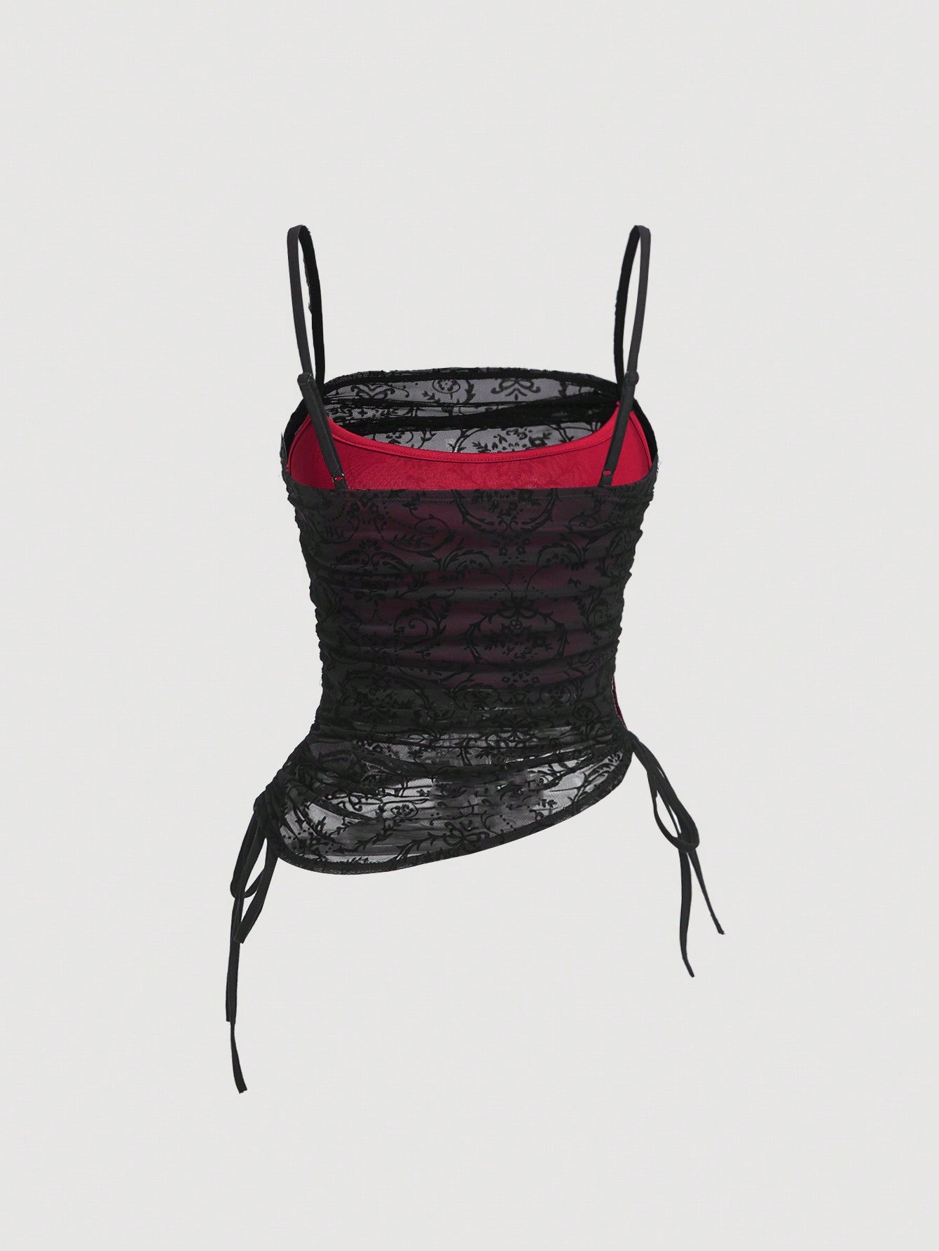 Women's MOD cami top with spaghetti straps, contrast lace trim, ruched details, and side drawstring accents in a slim fit