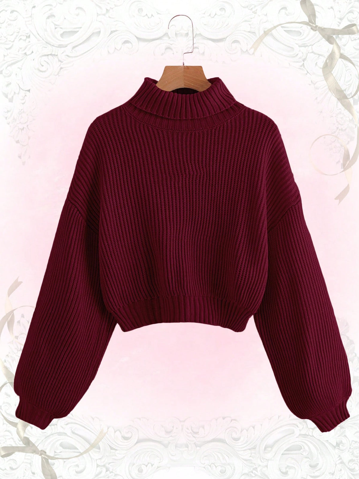 Women's rib-knit crop turtleneck sweater with long drop shoulder sleeves