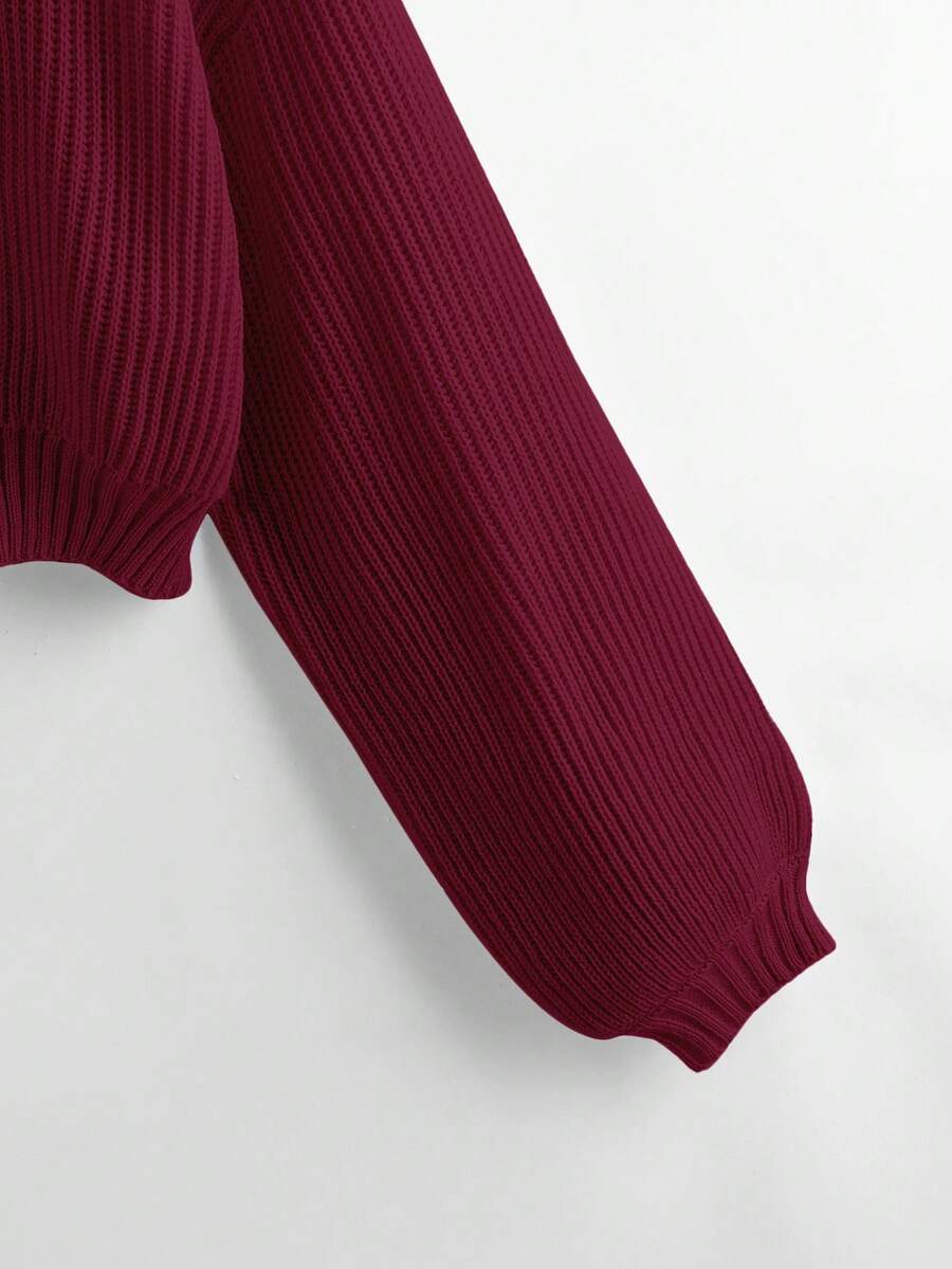 Women's rib-knit crop turtleneck sweater with long drop shoulder sleeves
