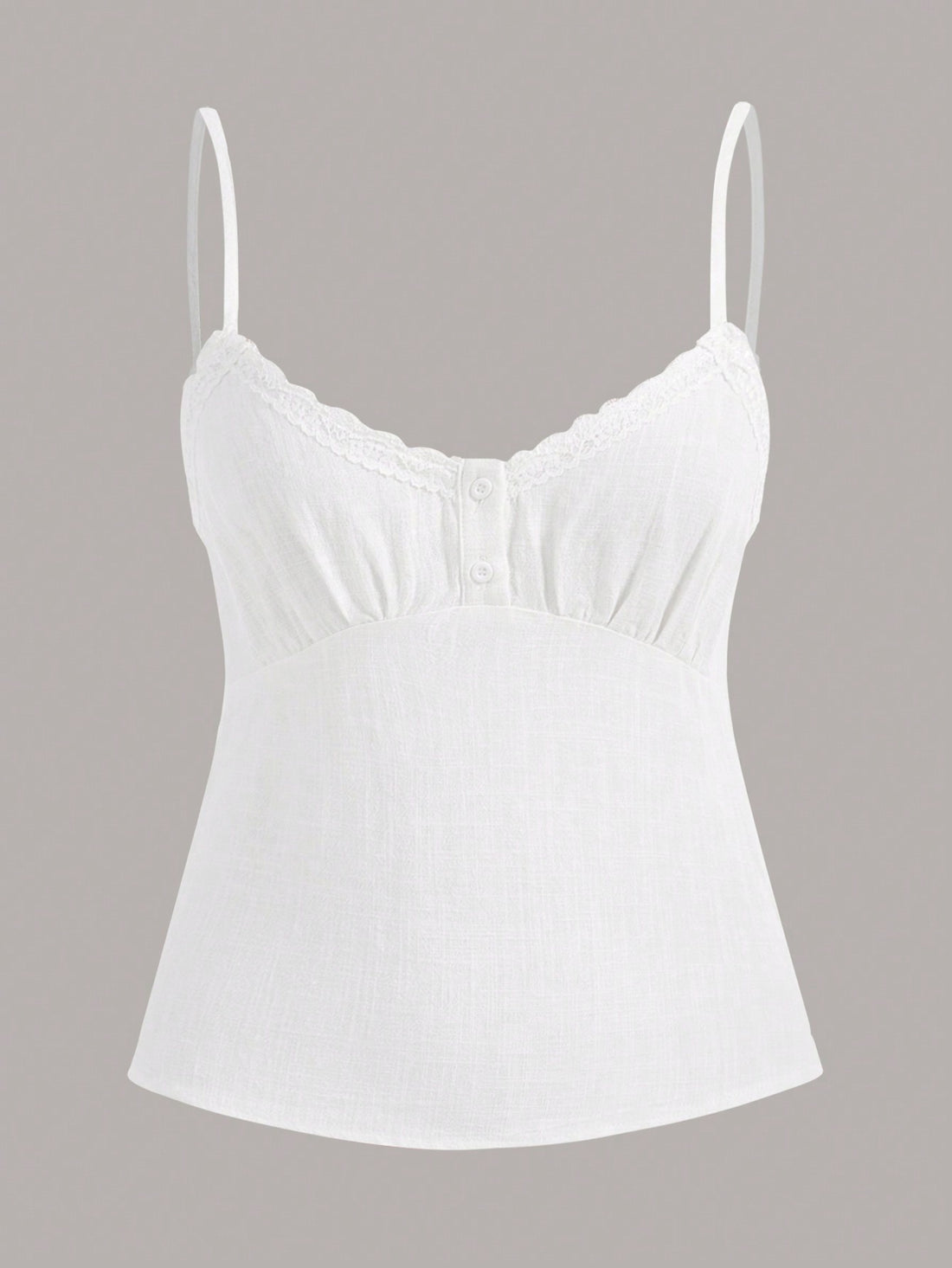 Women's spaghetti strap cami top with lace patchwork, rib-knit detail, button front, regular hem, and semi-sheer woven fabric