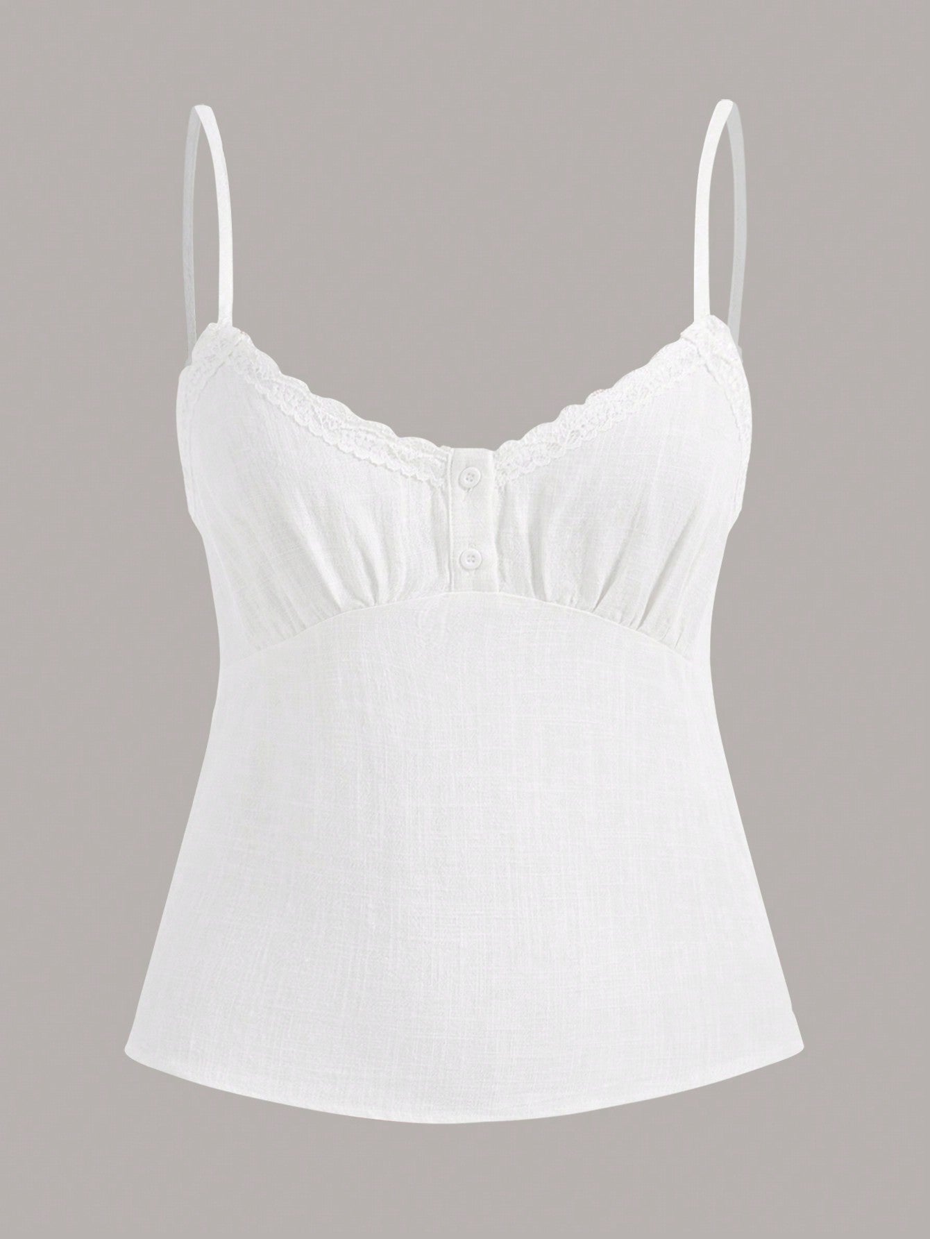 Women's spaghetti strap cami top with lace patchwork, rib-knit detail, button front, regular hem, and semi-sheer woven fabric