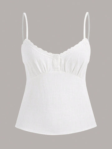 Women's spaghetti strap cami top with lace patchwork, rib-knit detail, button front, regular hem, and semi-sheer woven fabric