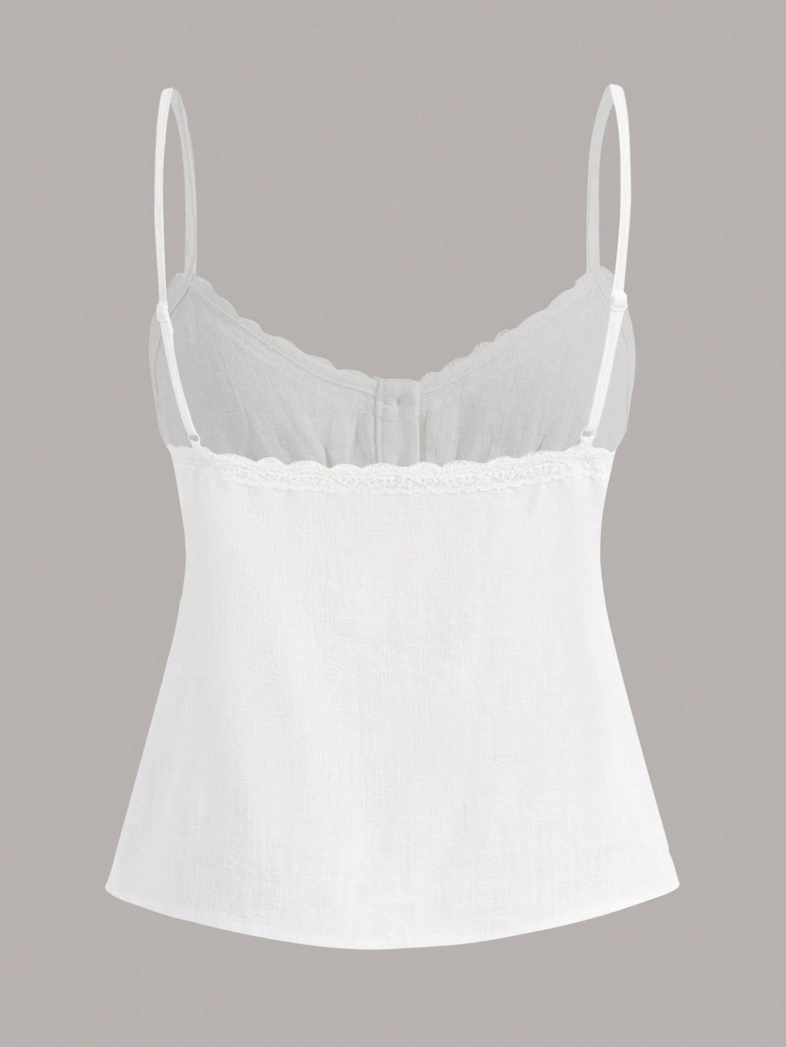 Women's spaghetti strap cami top with lace patchwork, rib-knit detail, button front, regular hem, and semi-sheer woven fabric