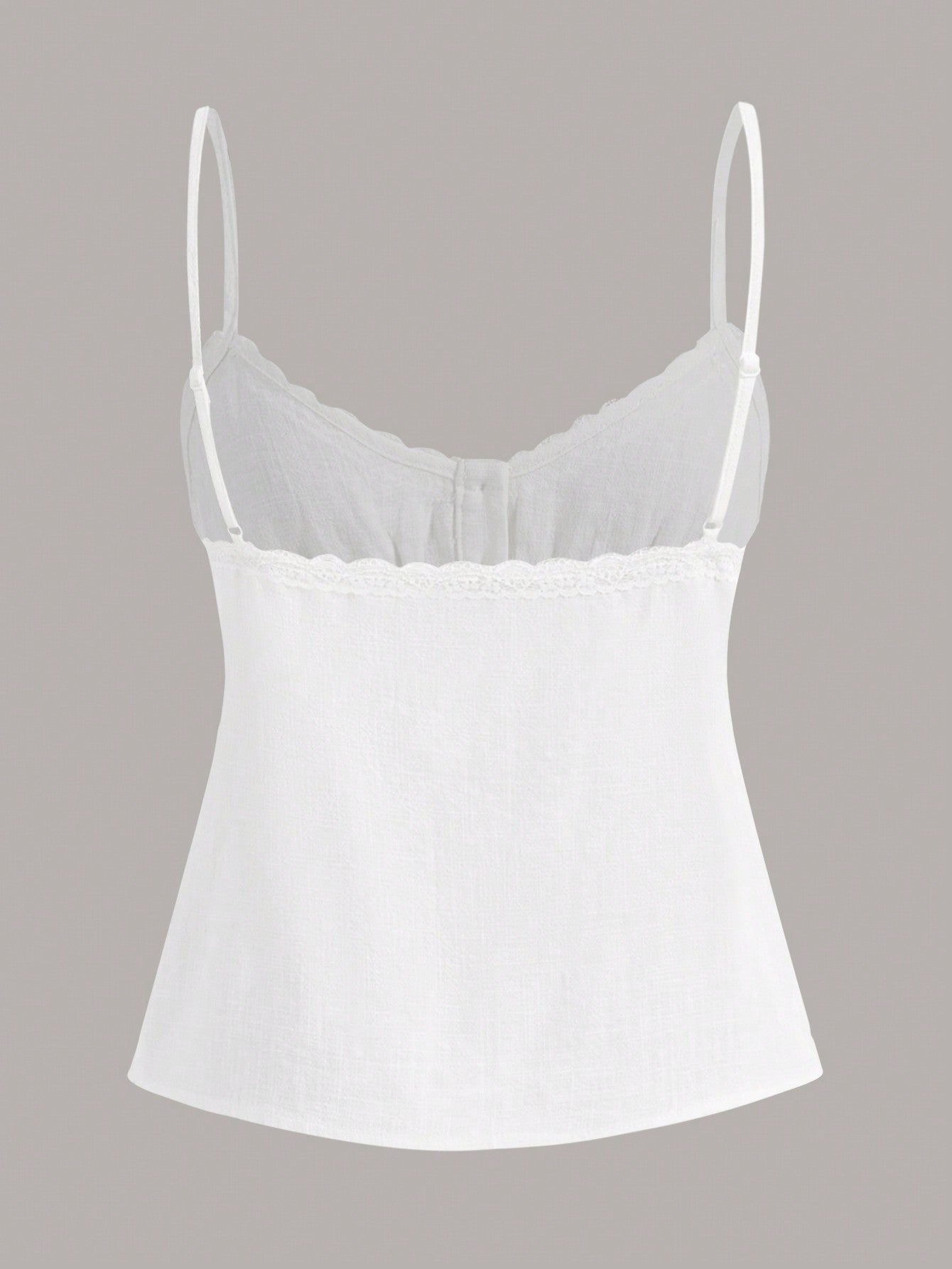 Women's spaghetti strap cami top with lace patchwork, rib-knit detail, button front, regular hem, and semi-sheer woven fabric
