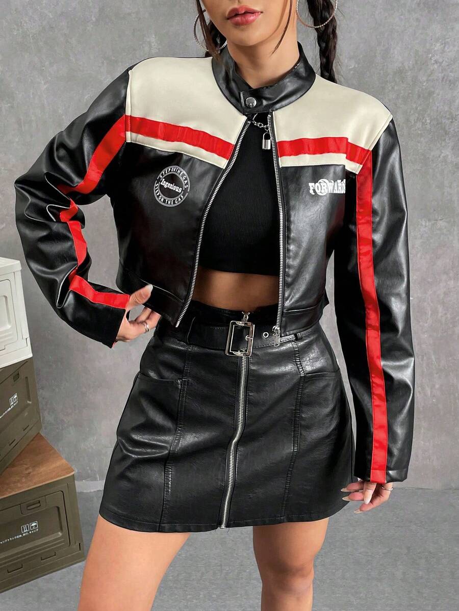 Women's colorblock crop PU leather bomber jacket featuring letter patch accents, a stand collar, and a full zip front closure.