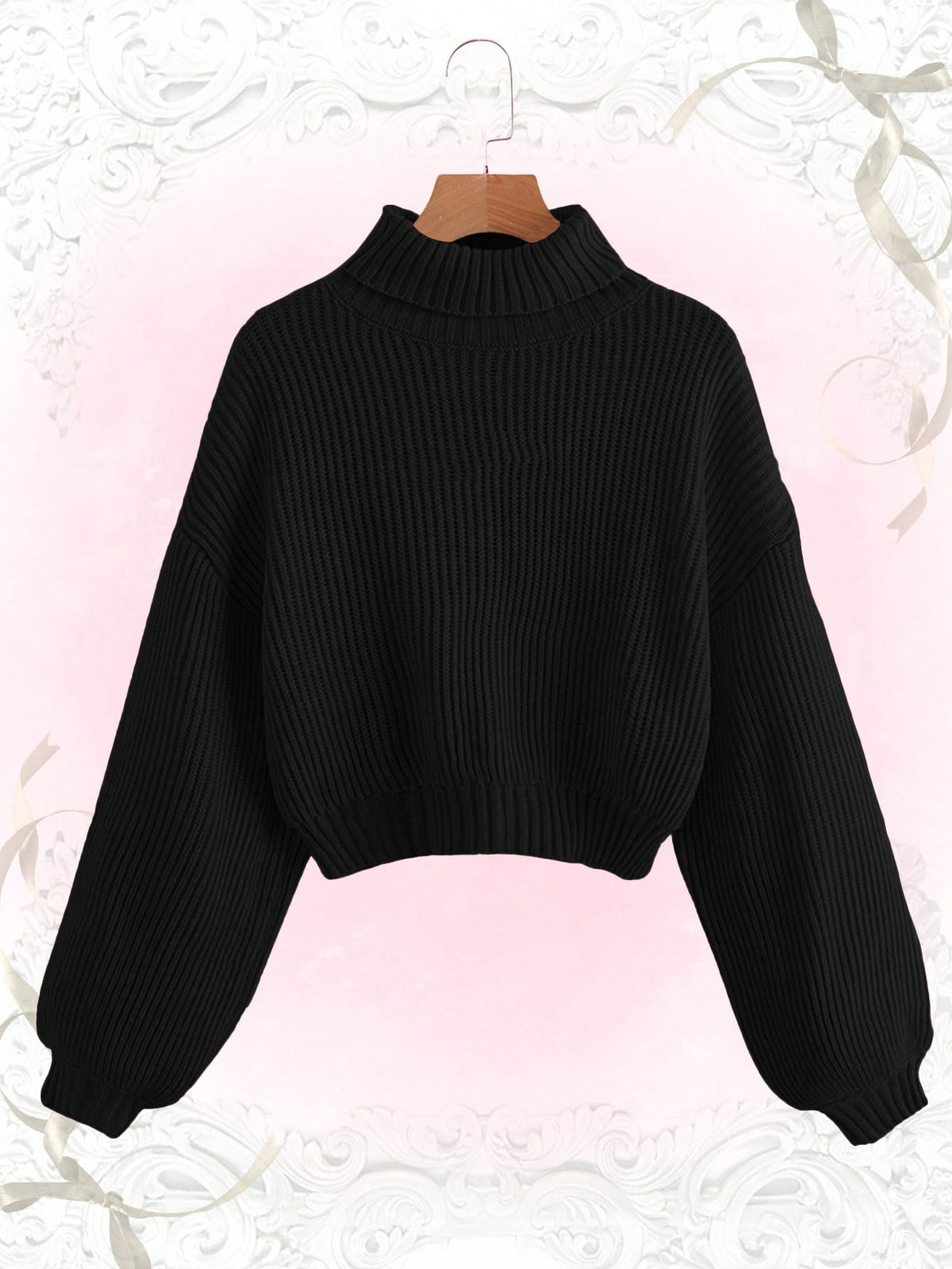 Women's rib-knit crop turtleneck sweater with long drop shoulder sleeves