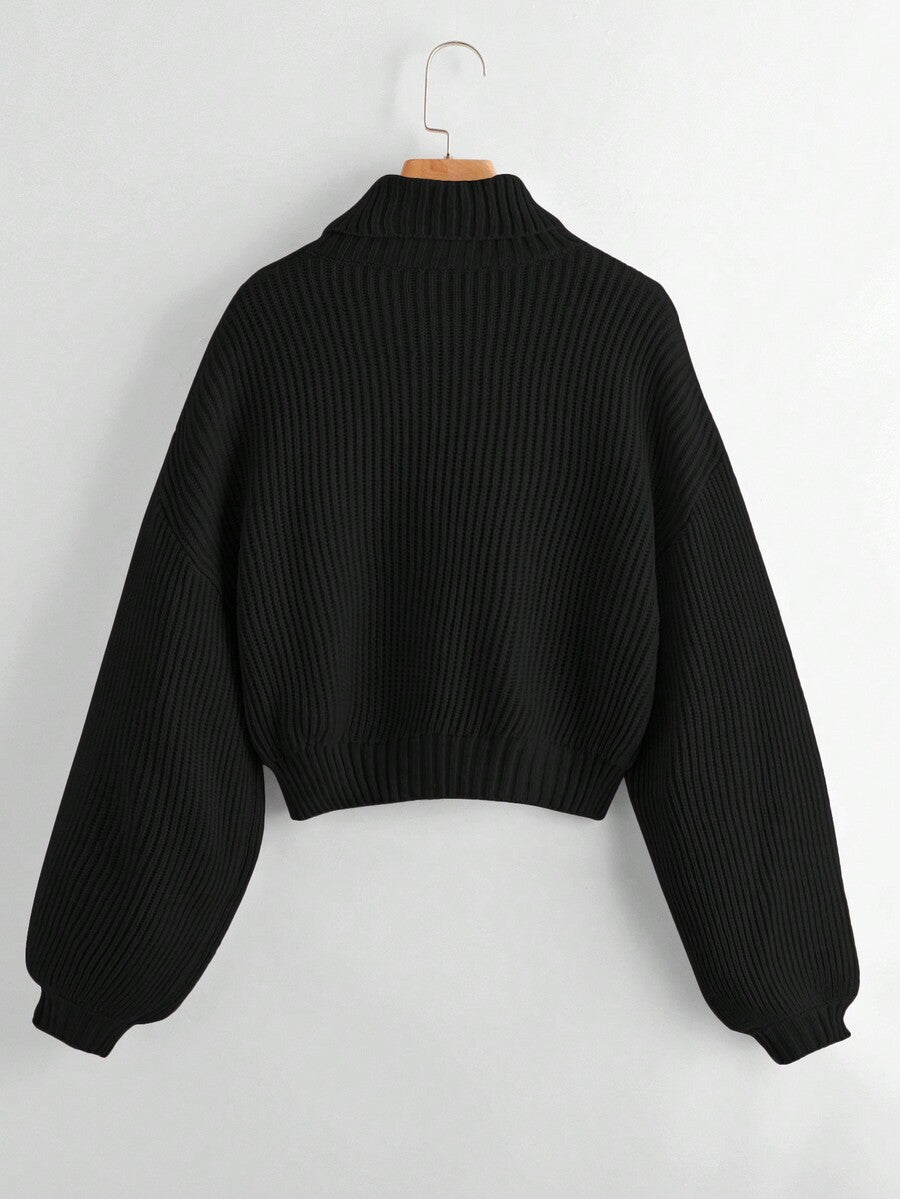 Women's rib-knit crop turtleneck sweater with long drop shoulder sleeves