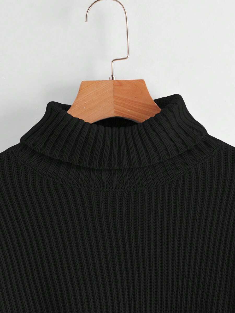Women's rib-knit crop turtleneck sweater with long drop shoulder sleeves