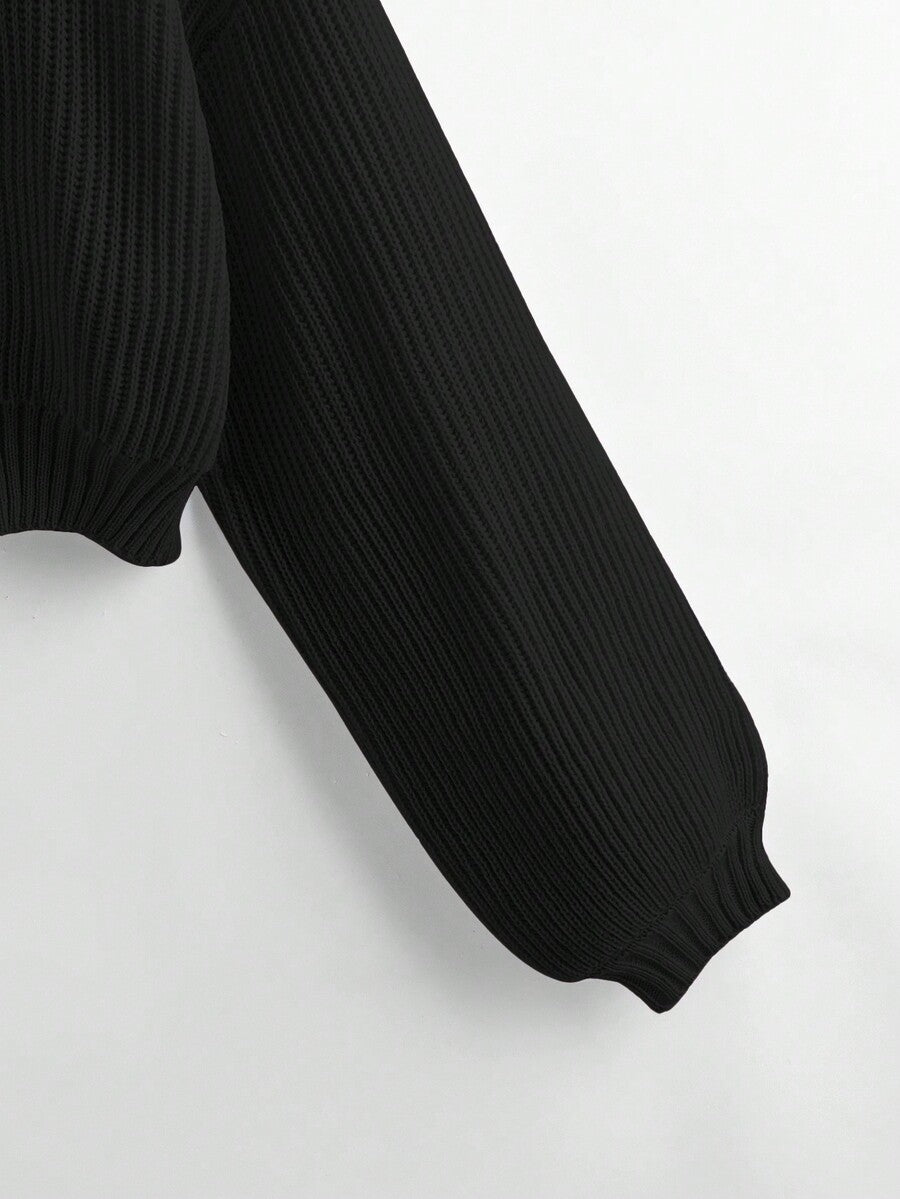 Women's rib-knit crop turtleneck sweater with long drop shoulder sleeves