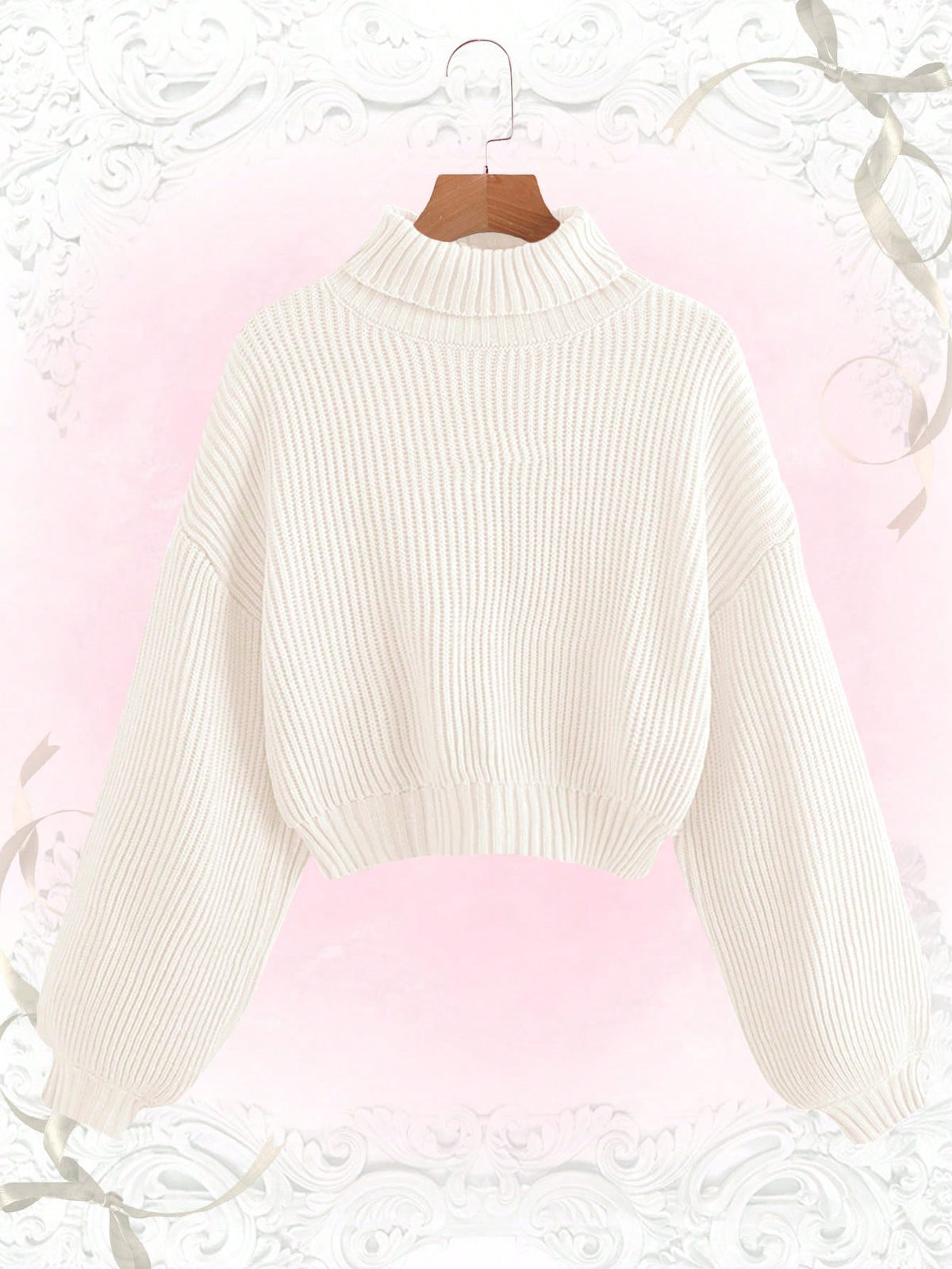 Women's rib-knit crop turtleneck sweater with long drop shoulder sleeves