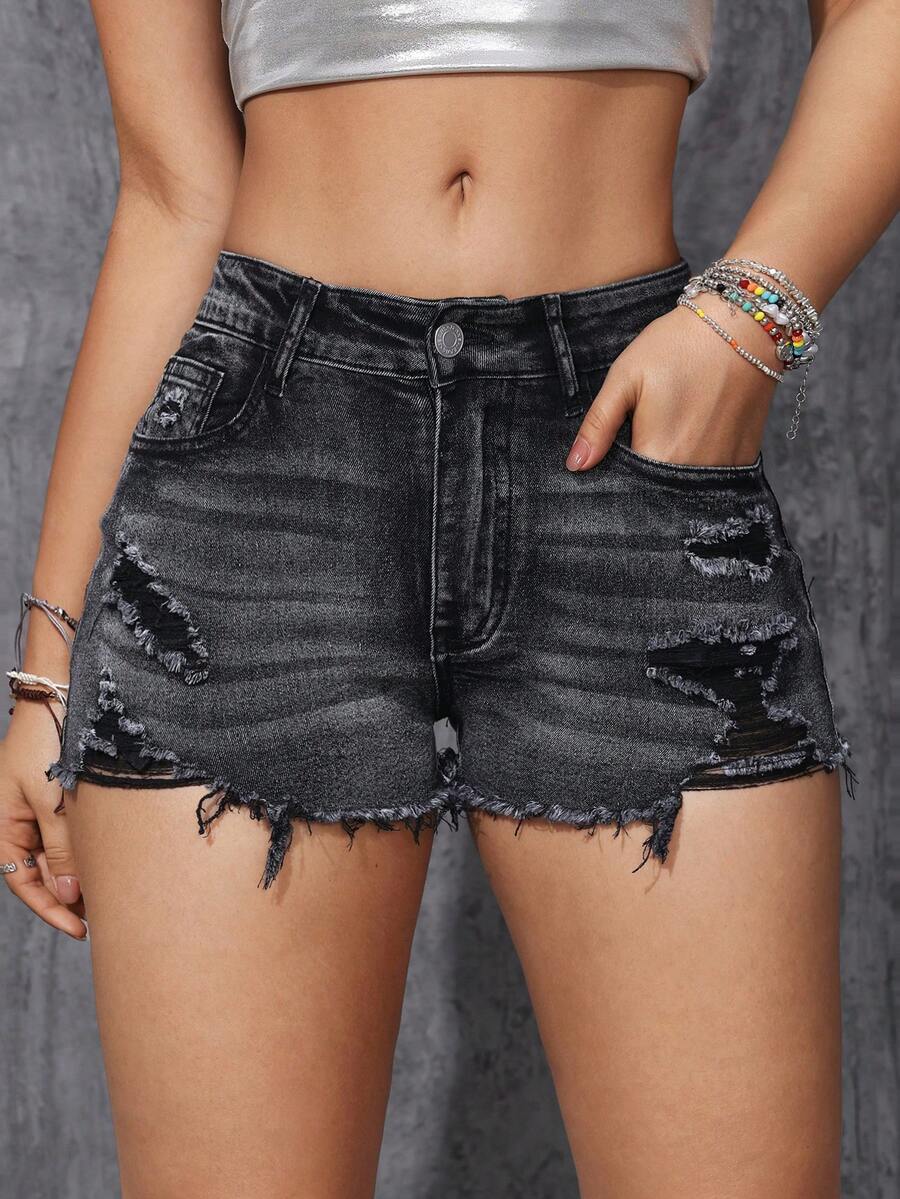 Women's solid color shorts with zipper fly, button closure, pockets, ripped details, and raw hem in a casual straight-leg short length