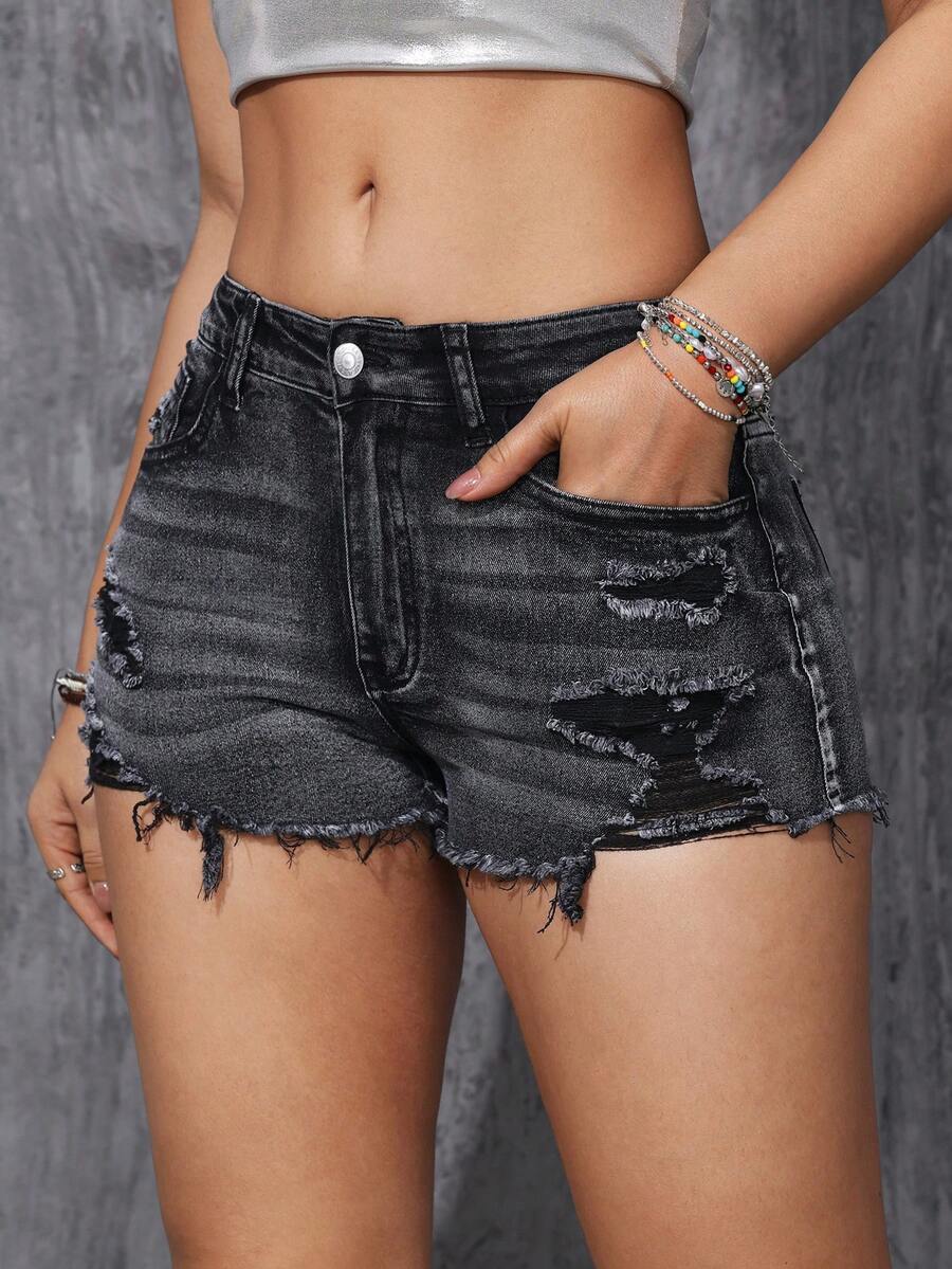 Women's solid color shorts with zipper fly, button closure, pockets, ripped details, and raw hem in a casual straight-leg short length