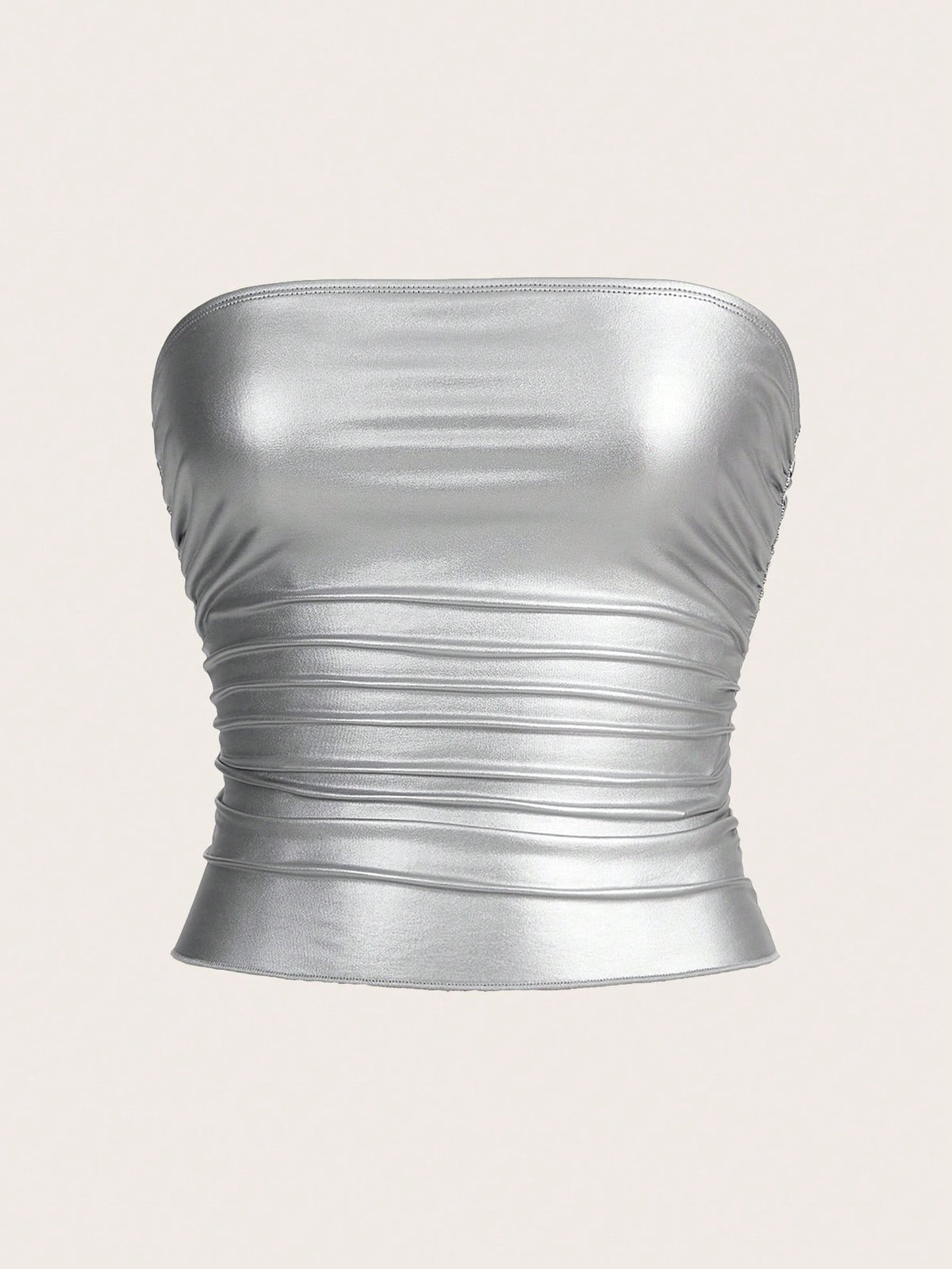 Women's silver metallic strapless tube top featuring a ruched slim fit design in coated stretch fabric.