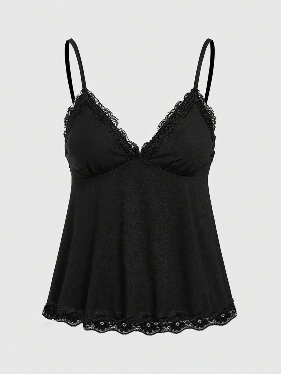 Women's spaghetti strap camisole with contrast lace patchwork, slim fit silhouette, plain design, and flared hem.