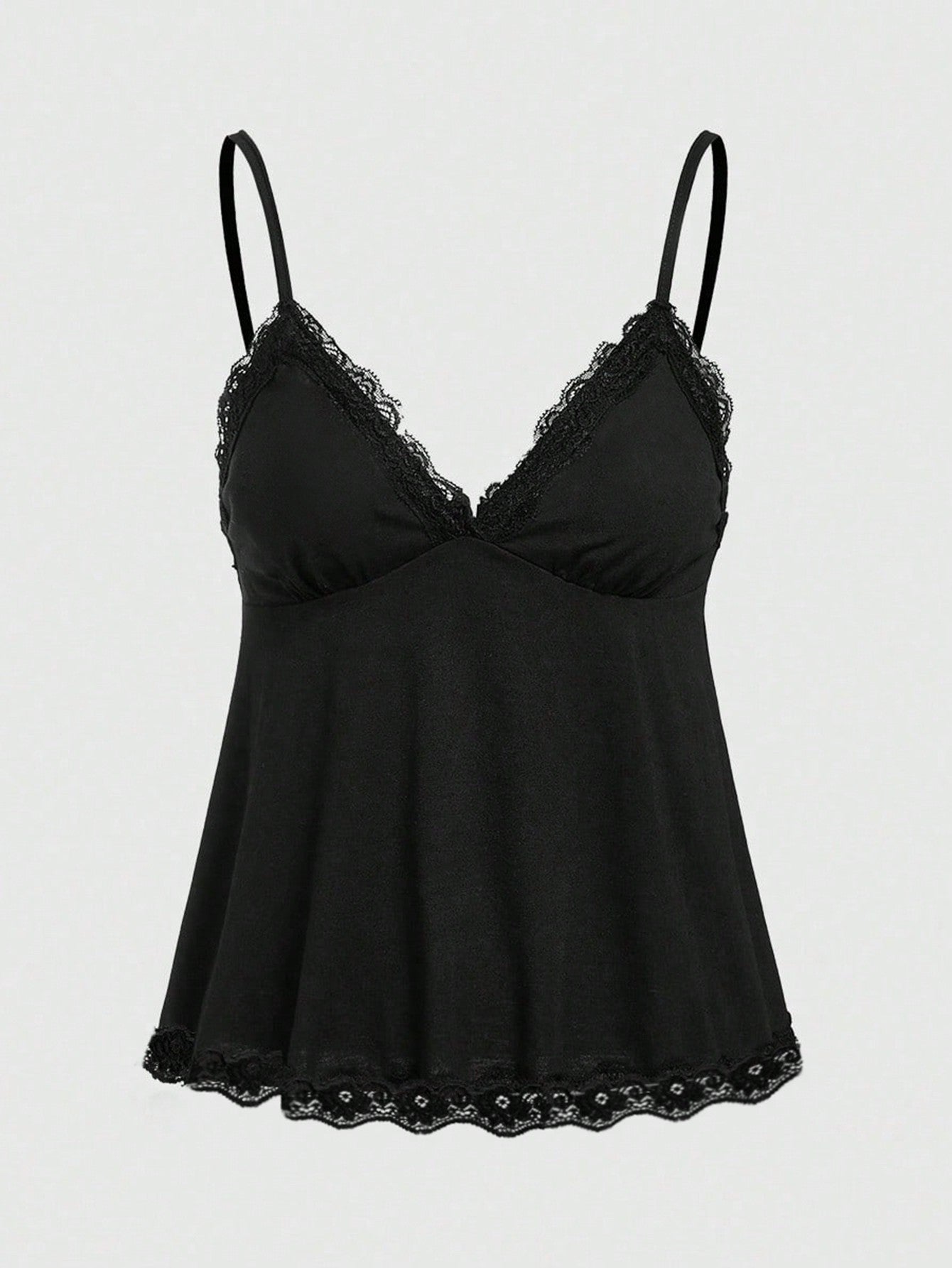 Women's spaghetti strap camisole with contrast lace patchwork, slim fit silhouette, plain design, and flared hem.