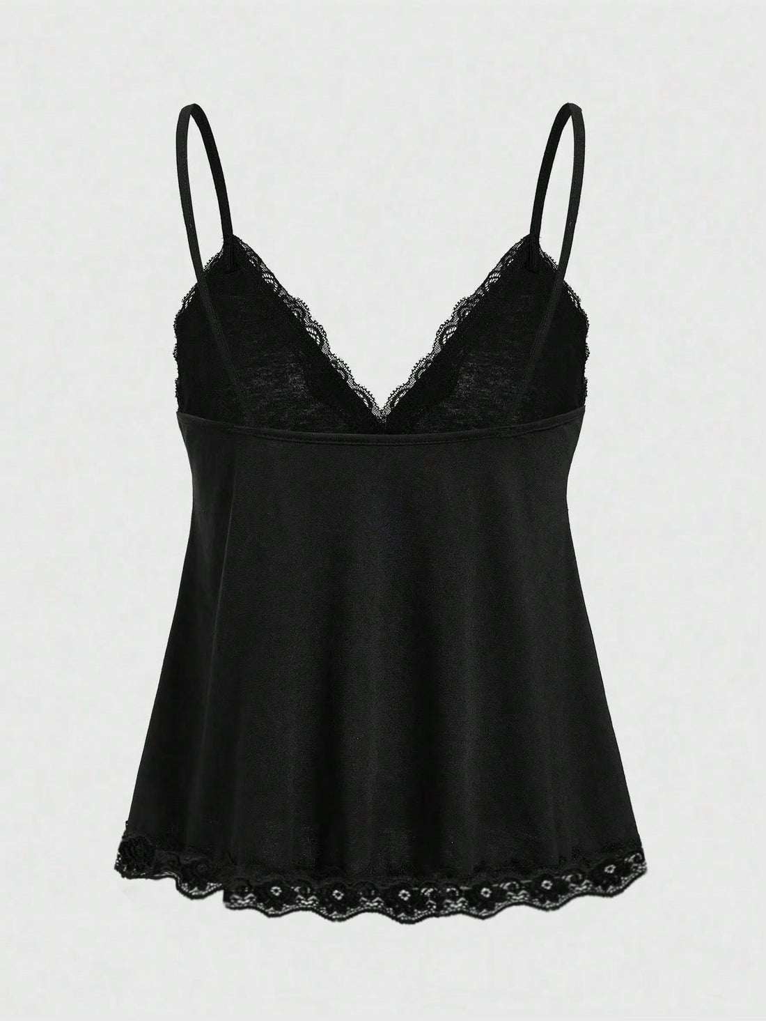 Women's spaghetti strap camisole with contrast lace patchwork, slim fit silhouette, plain design, and flared hem.