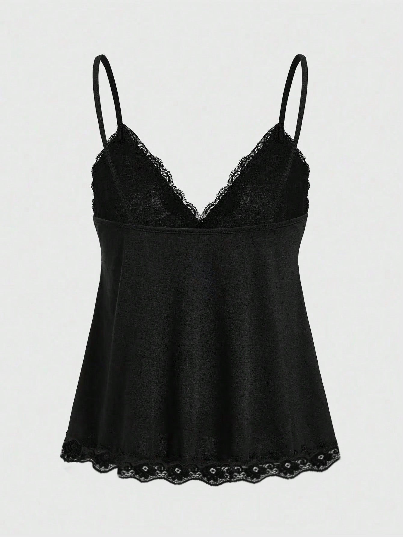 Women's spaghetti strap camisole with contrast lace patchwork, slim fit silhouette, plain design, and flared hem.