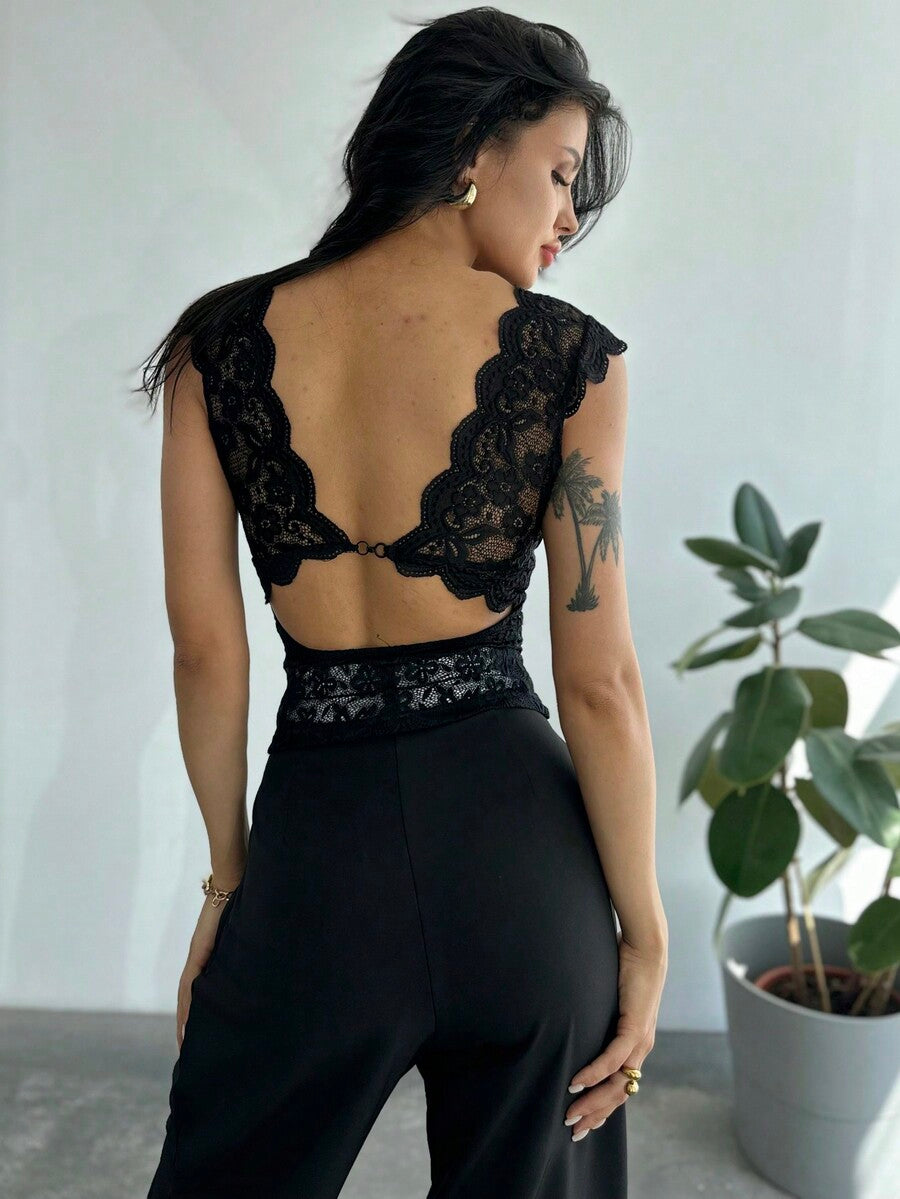 Firerie Women's Deep V-Neck Lace Fitted Camisole with scallop trim and contrast lace details.