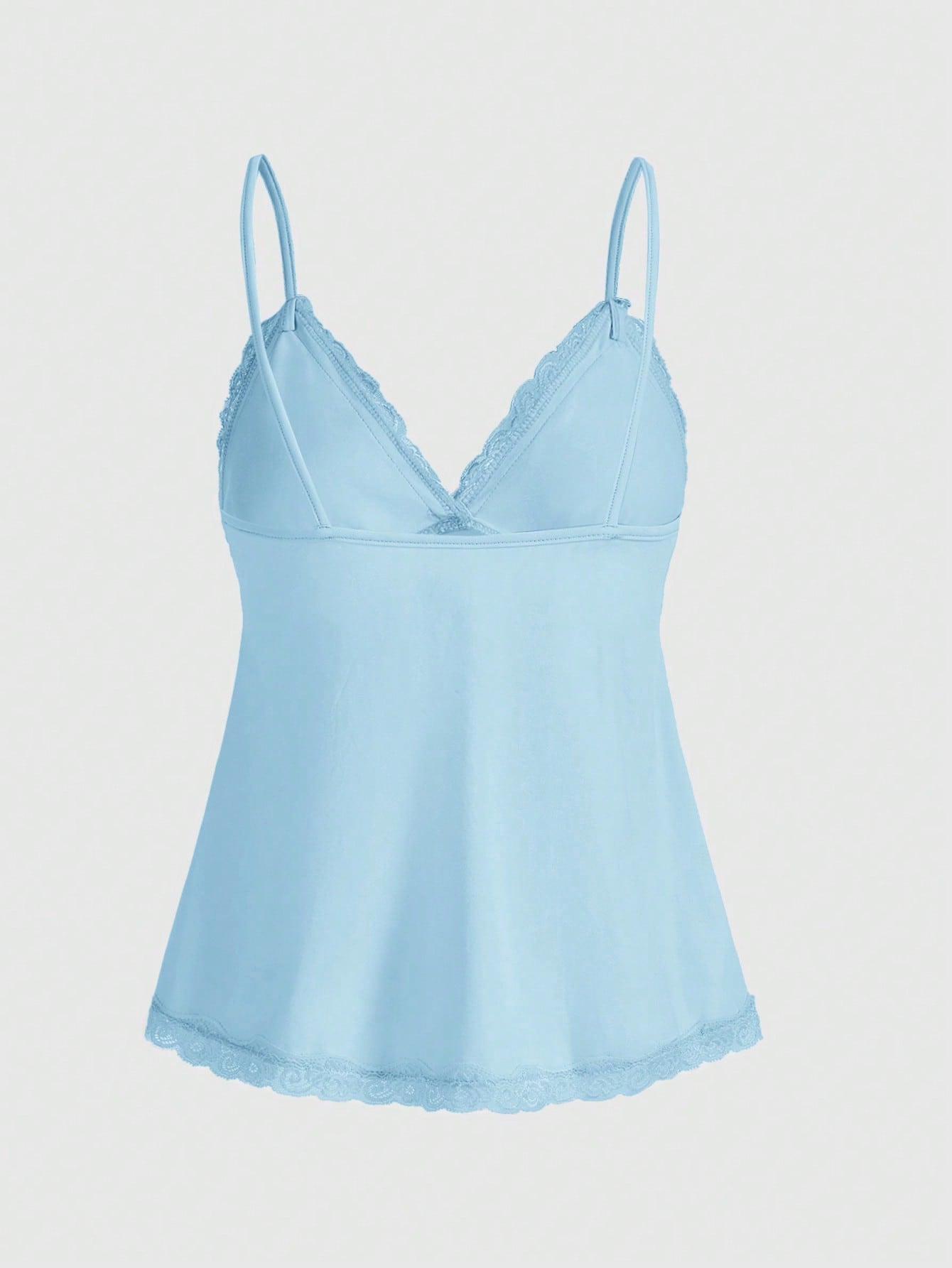 Women's spaghetti strap camisole with contrast lace patchwork, slim fit silhouette, plain design, and flared hem.